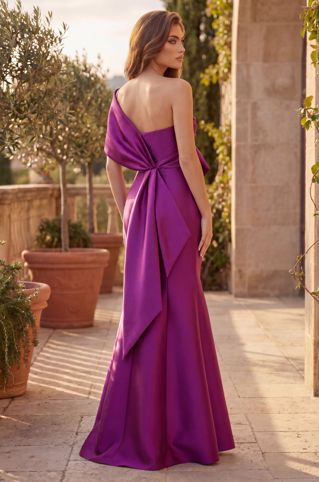 Metallic One Shoulder Bow Long Formal Mermaid Dress Magenta
