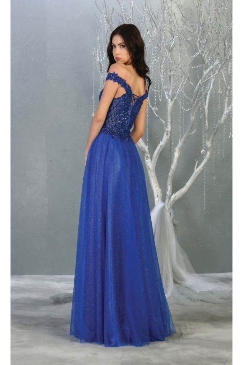 Royal Blue Off-the-Shoulder Floor-Length Tulle Prom Dress May Queen RQ7864