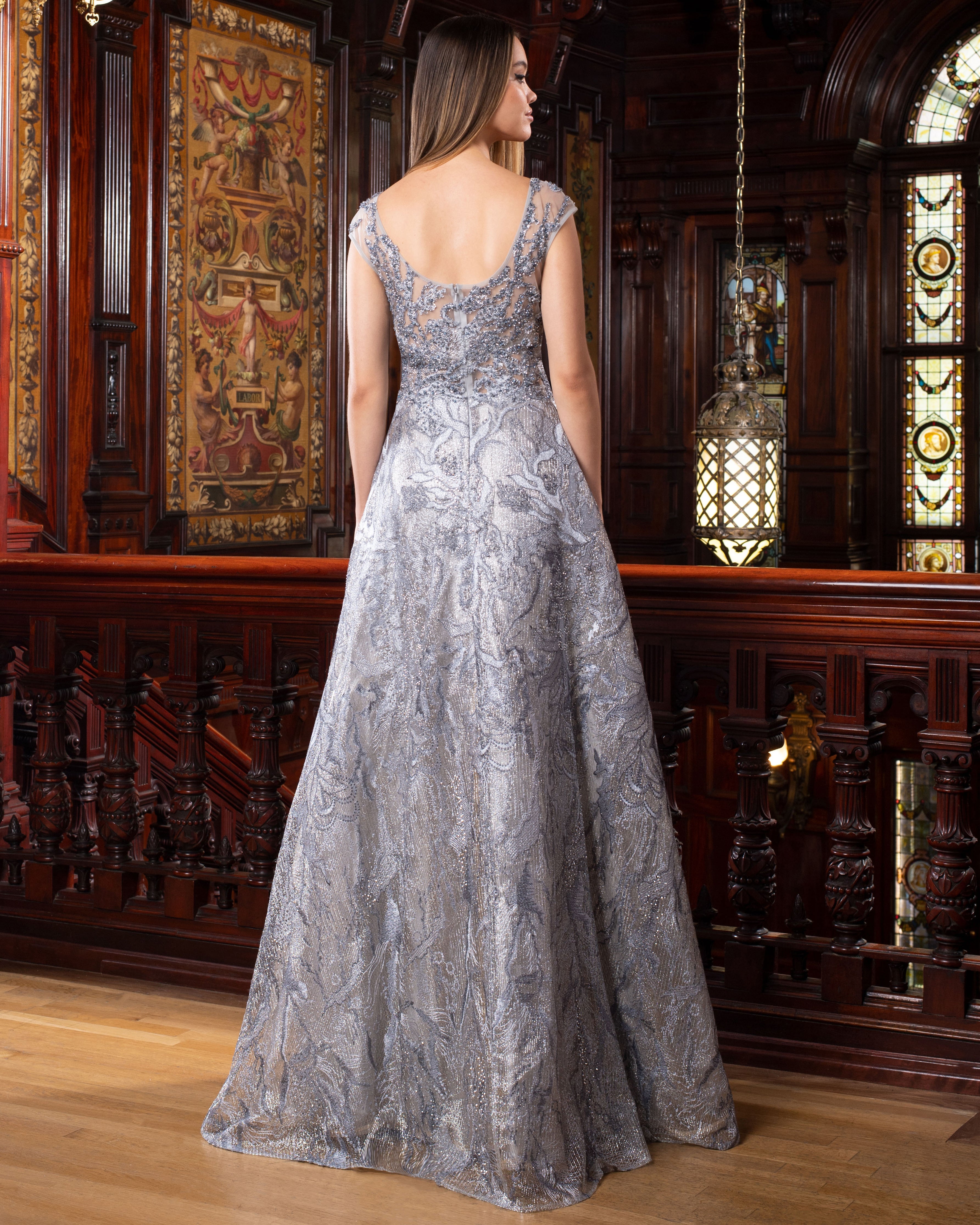 Formal Dresses A Line Long Metallic Lace Formal Dress Silver/Grey
