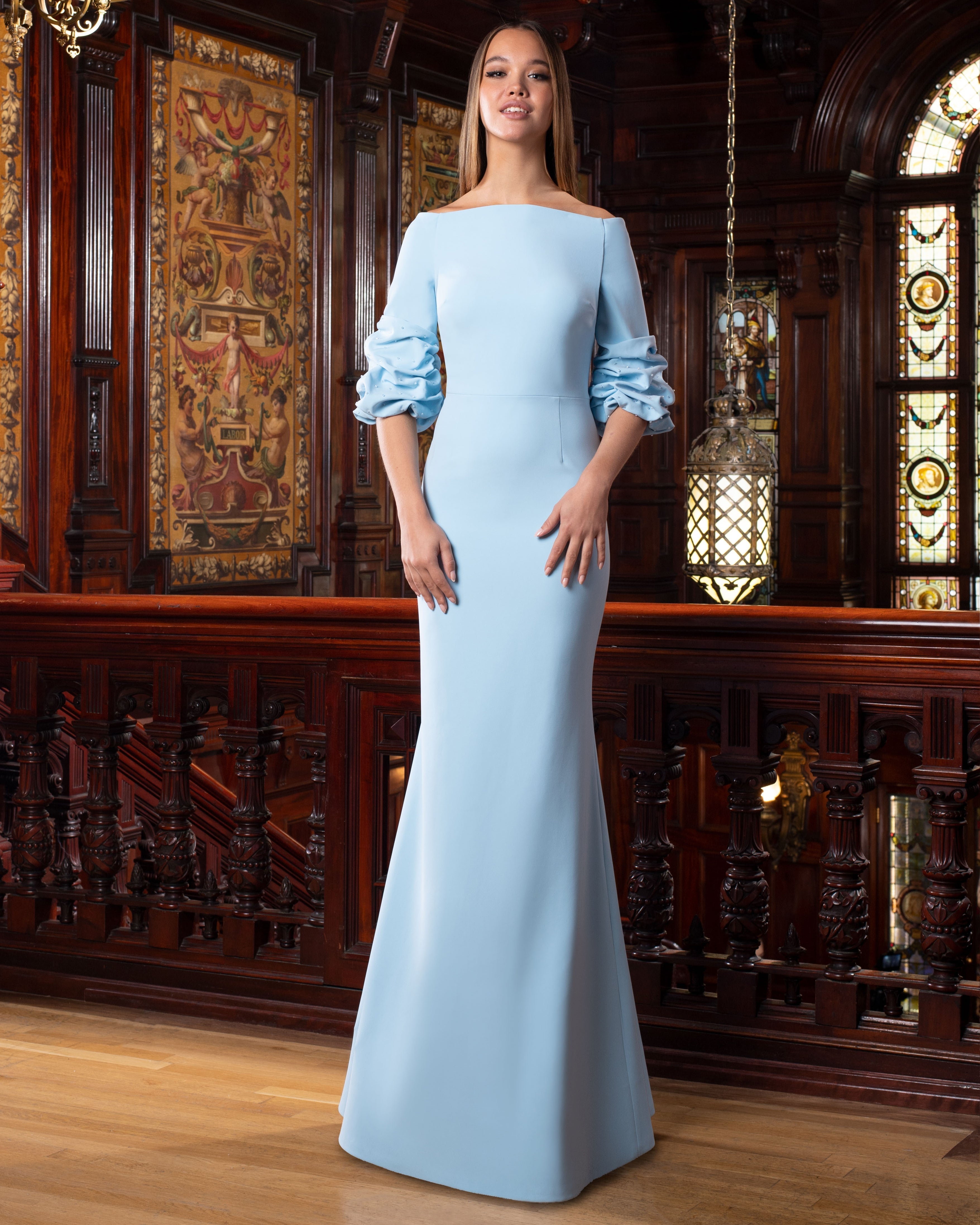 Formal Dresses Long Ruched Beaded Formal Evening Dress Powder
