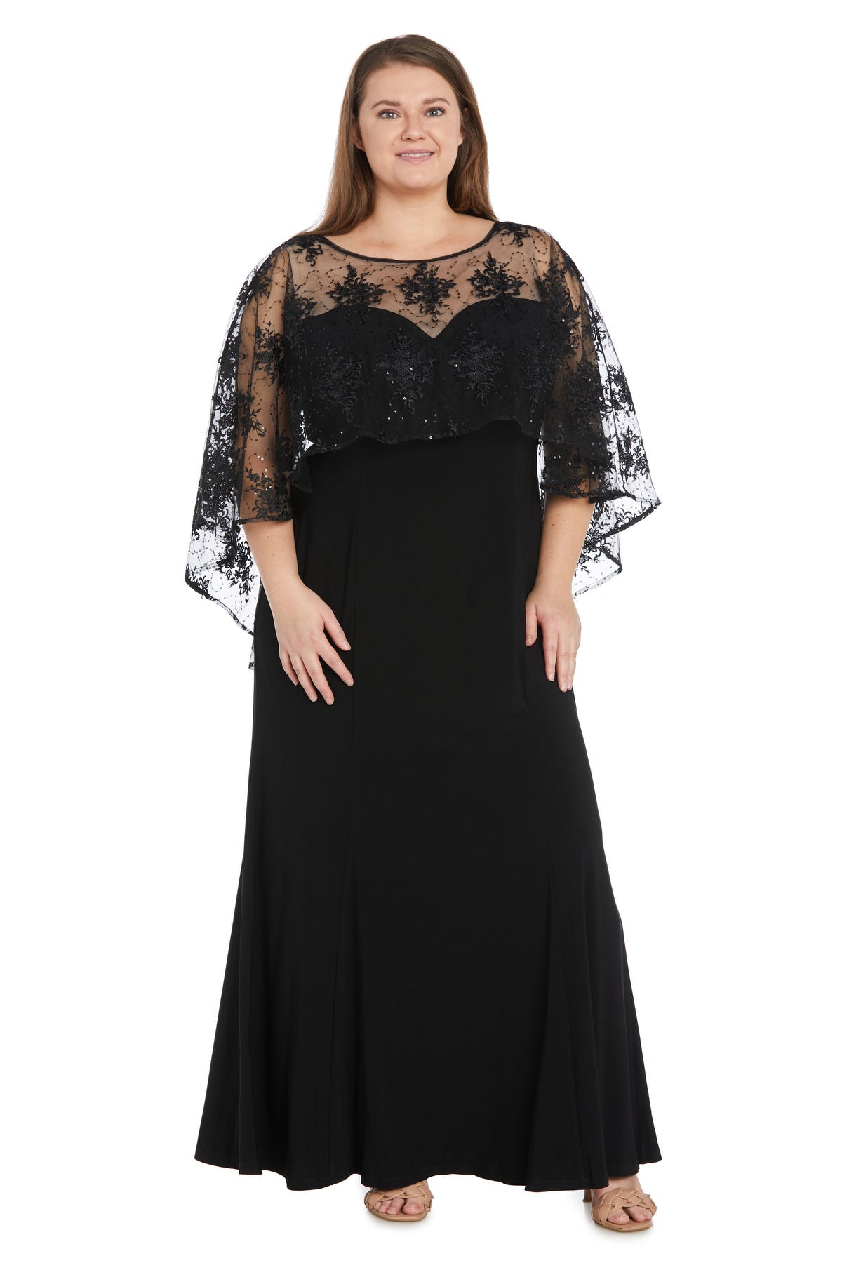 Black/Taupe R&M Richards 1560W Long Formal Plus Size Capelet Dress