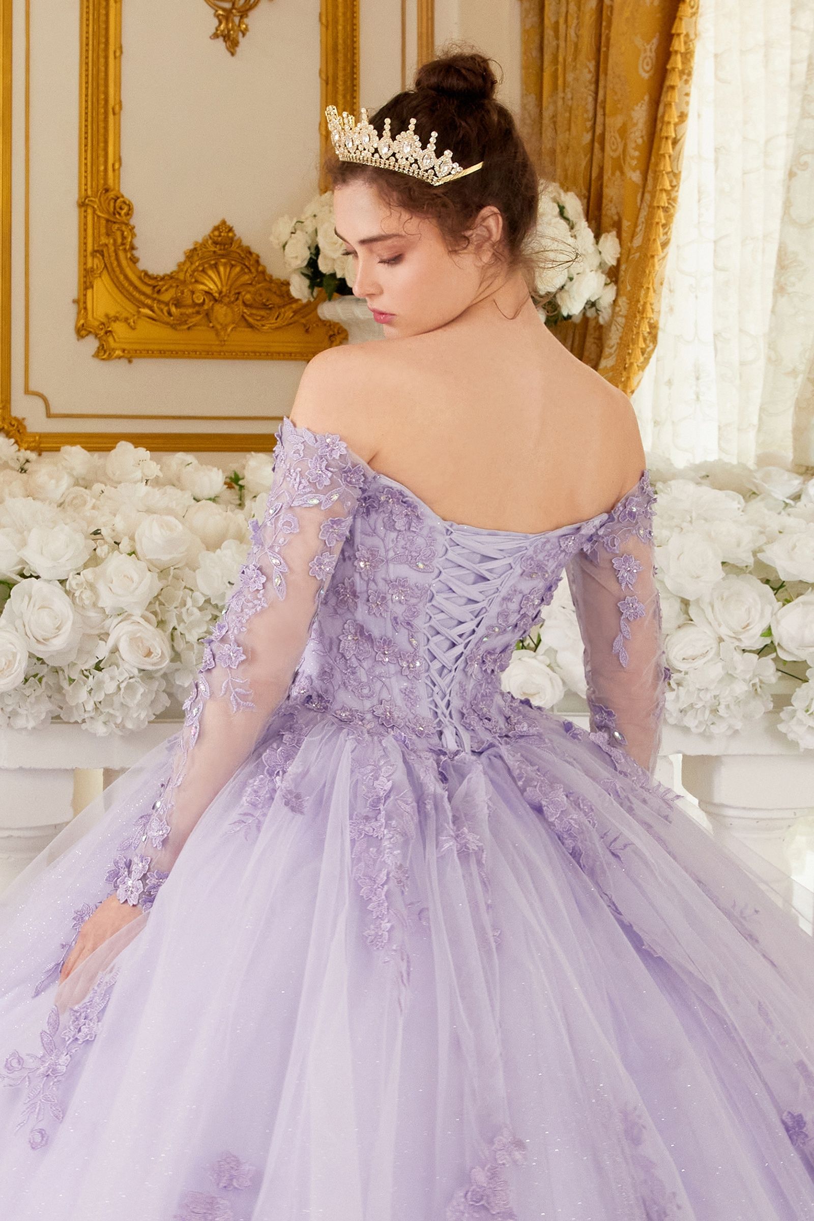 Quinceniera Dresses Ball Gown Long Lace Floral Sweet 16 Quinceanera Dress Lilac