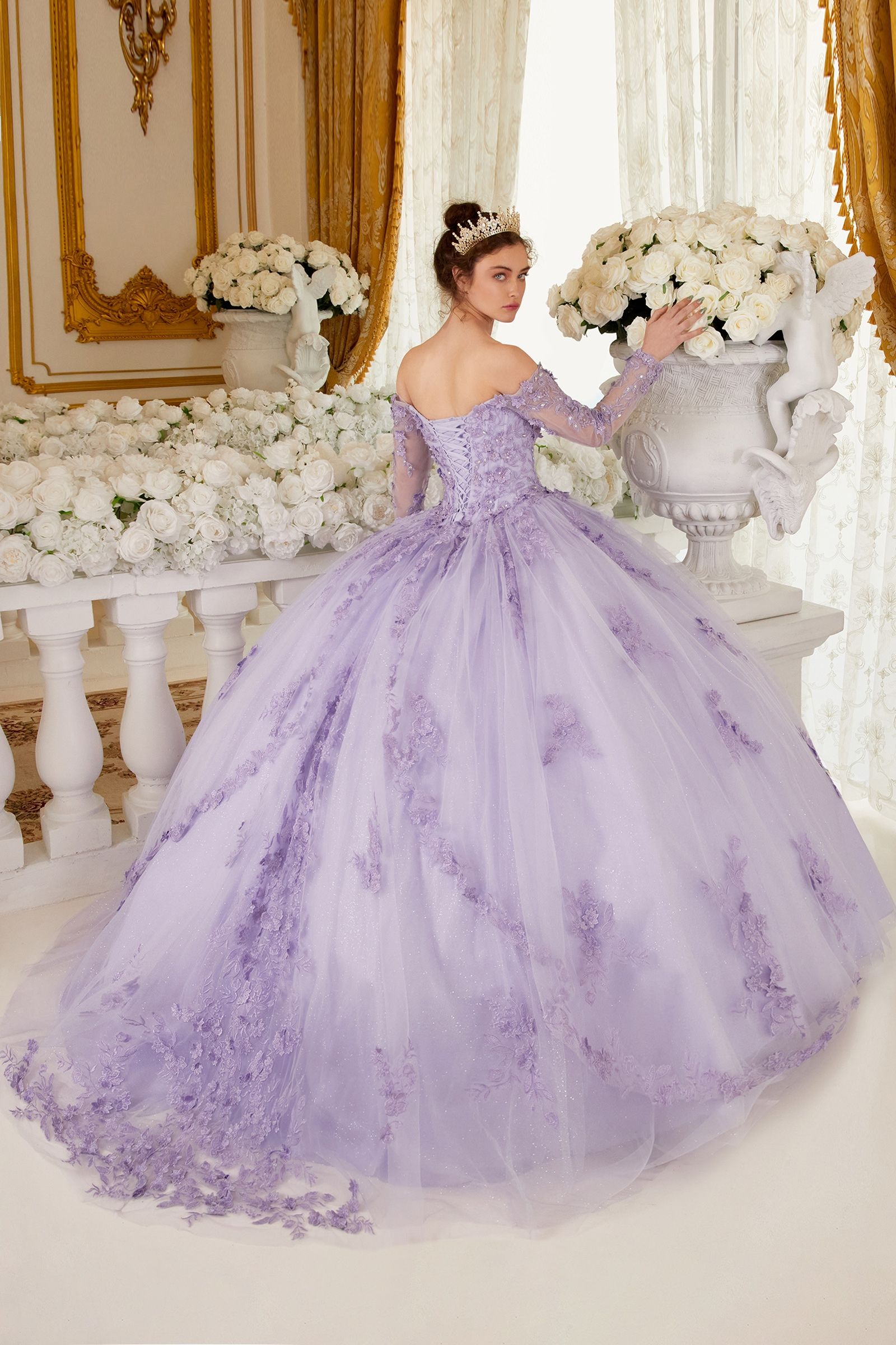 Quinceniera Dresses Ball Gown Long Lace Floral Sweet 16 Quinceanera Dress Lilac