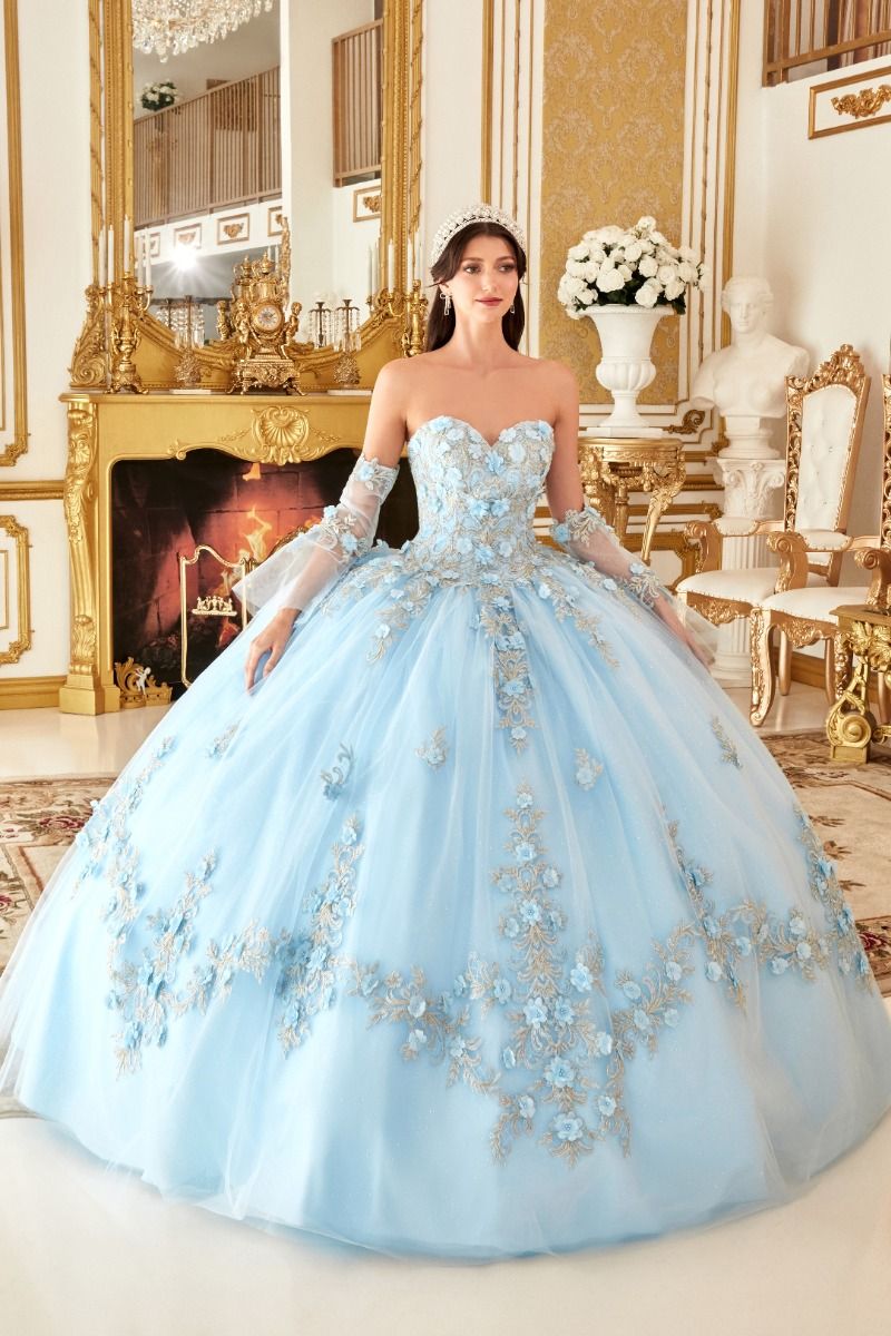 Quinceniera Dresses Long Strapless Quinceanera Floral Applique Ball Gown Lt Blue