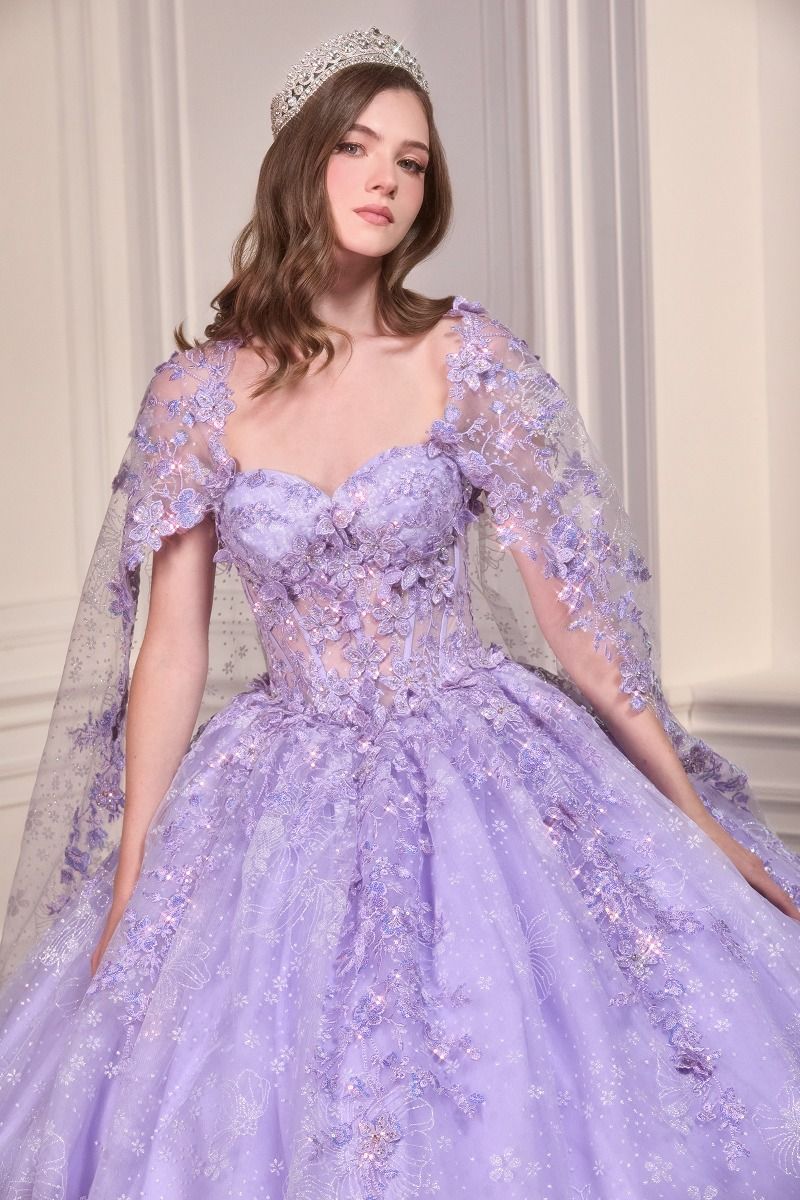 Quinceniera Dresses Long Floral Ball Gown Cape Quinceanera Dress Lavender