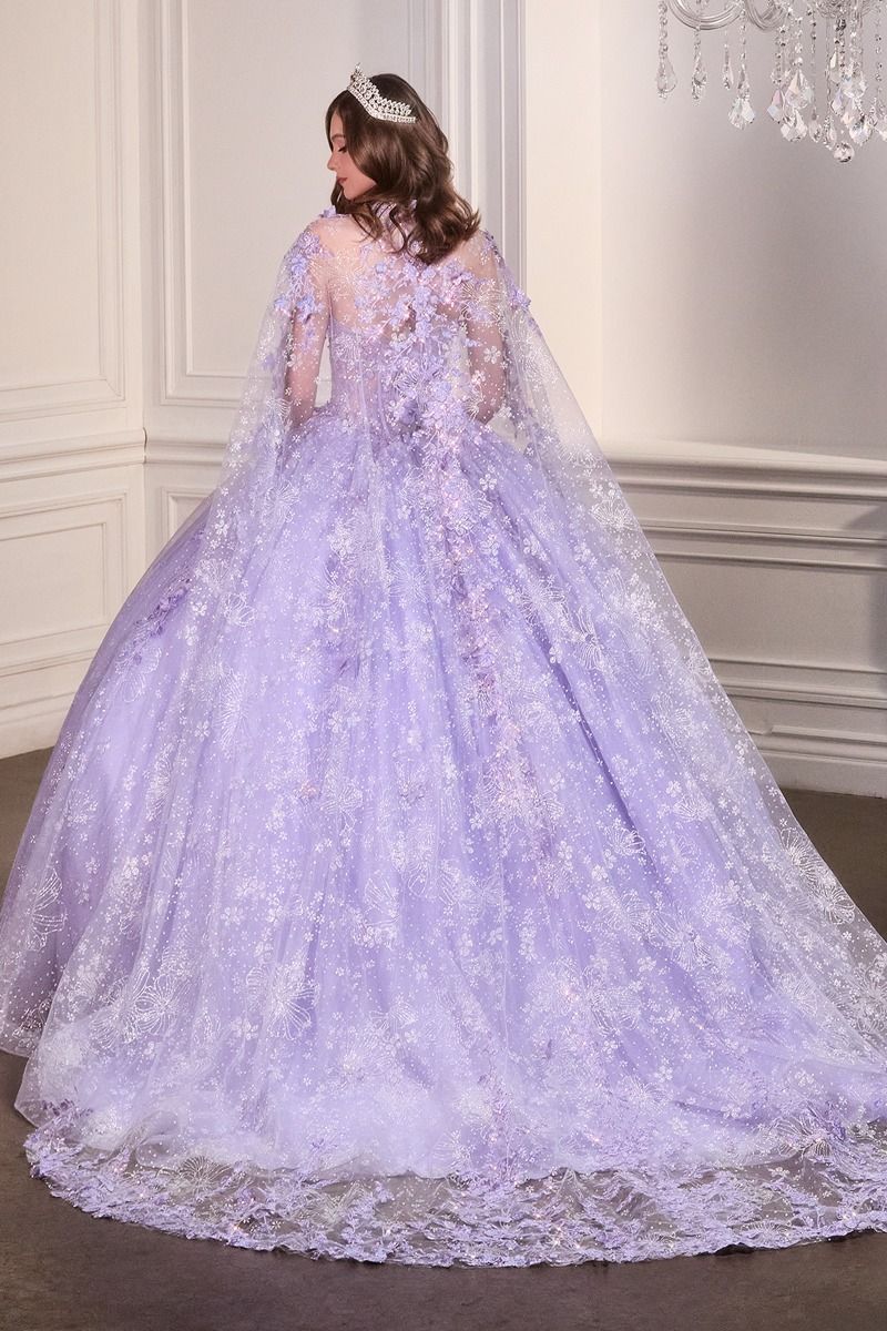 Quinceniera Dresses Long Floral Ball Gown Cape Quinceanera Dress Lavender