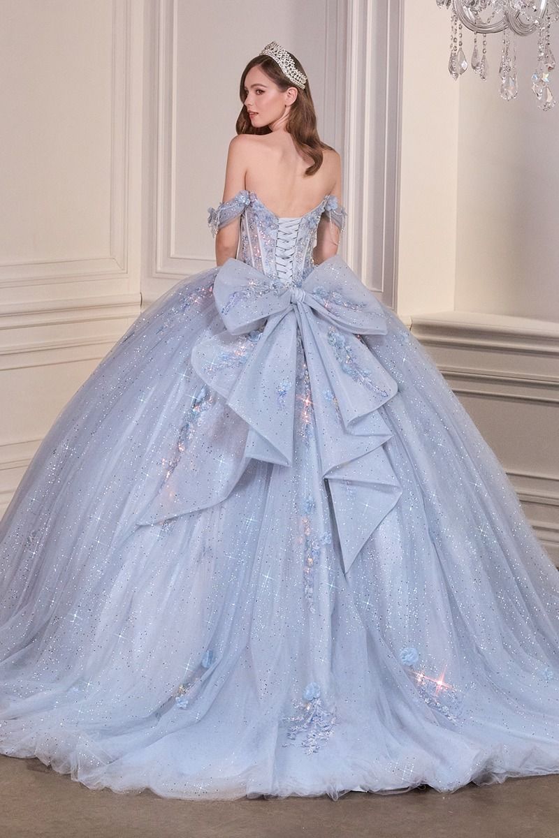 Quinceniera Dresses Long Glitter Ball Gown 3D Floral Applique Quinceanera Dresses Blue