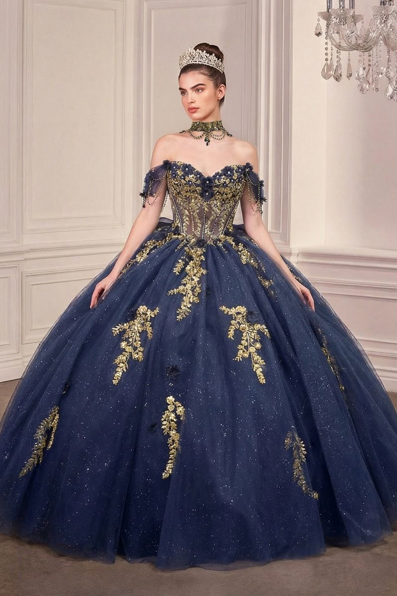 Quinceniera Dresses Long Glitter Ball Gown 3D Floral Applique Quinceanera Dresses Navy