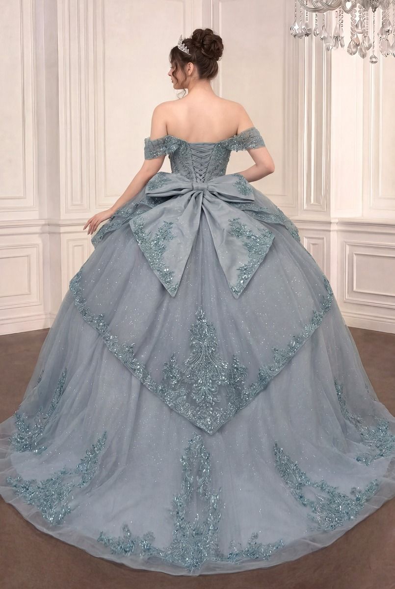 Dusty Blue Off-the-Shoulder Floor-Length Tulle Quinceanera Ball Gown LaDivine 5729