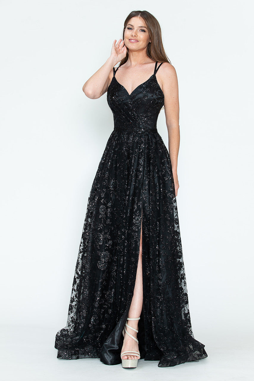Prom Dresses Glitter Corset Long Formal Floral Prom Dress Lenovia 8235 Black