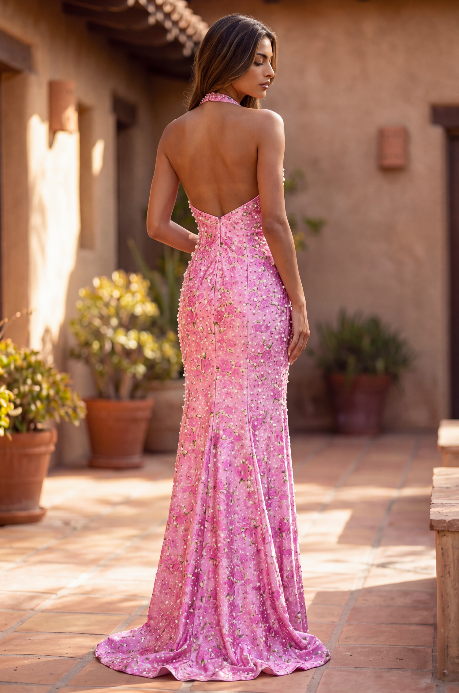Halter Floral Fitted Evening Gown with Pearl Accent Open Back and Side Slit