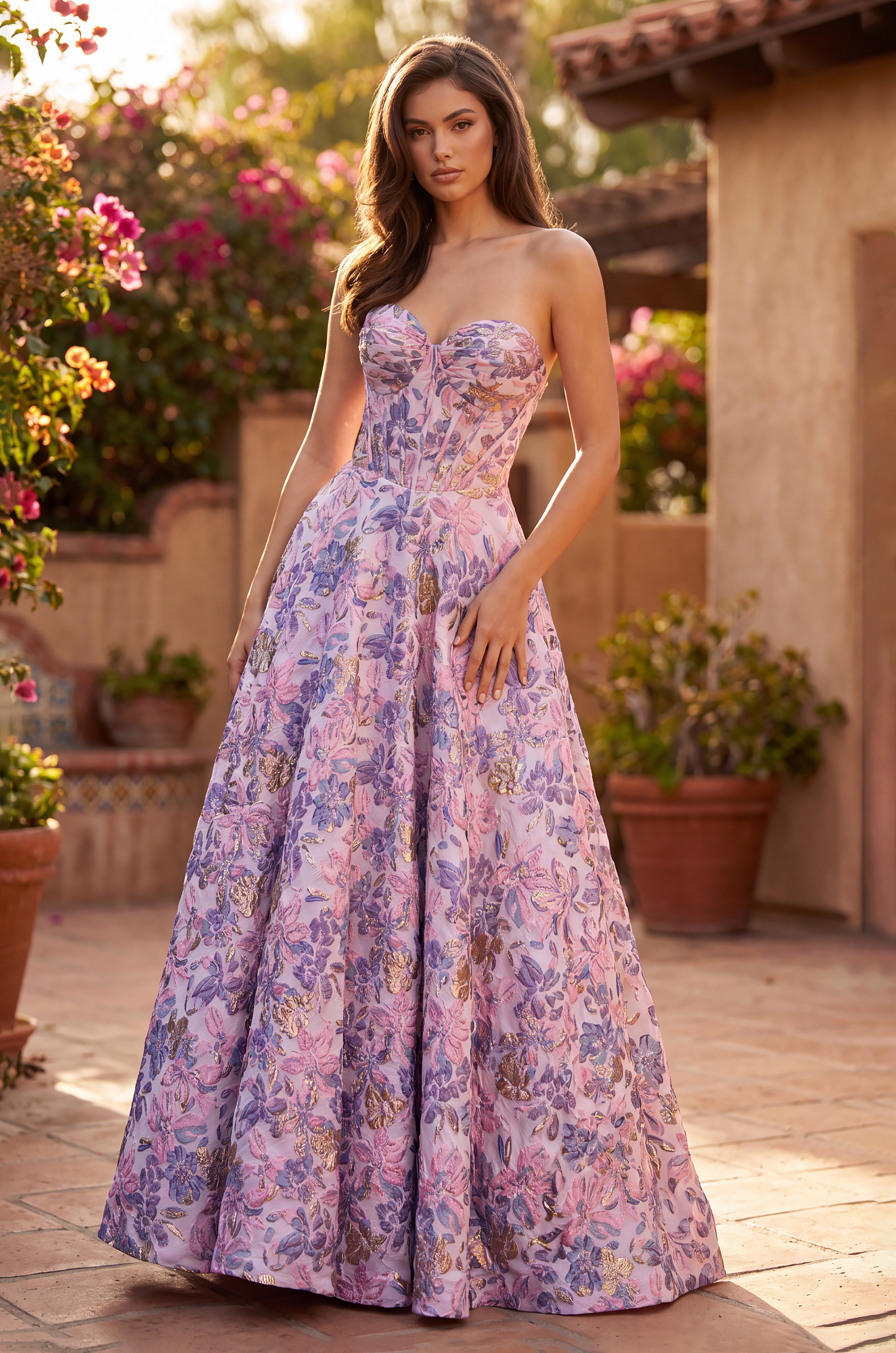 Prom Dresses Long Strapless Corset Floral Jacquard Ball Gown Lilac
