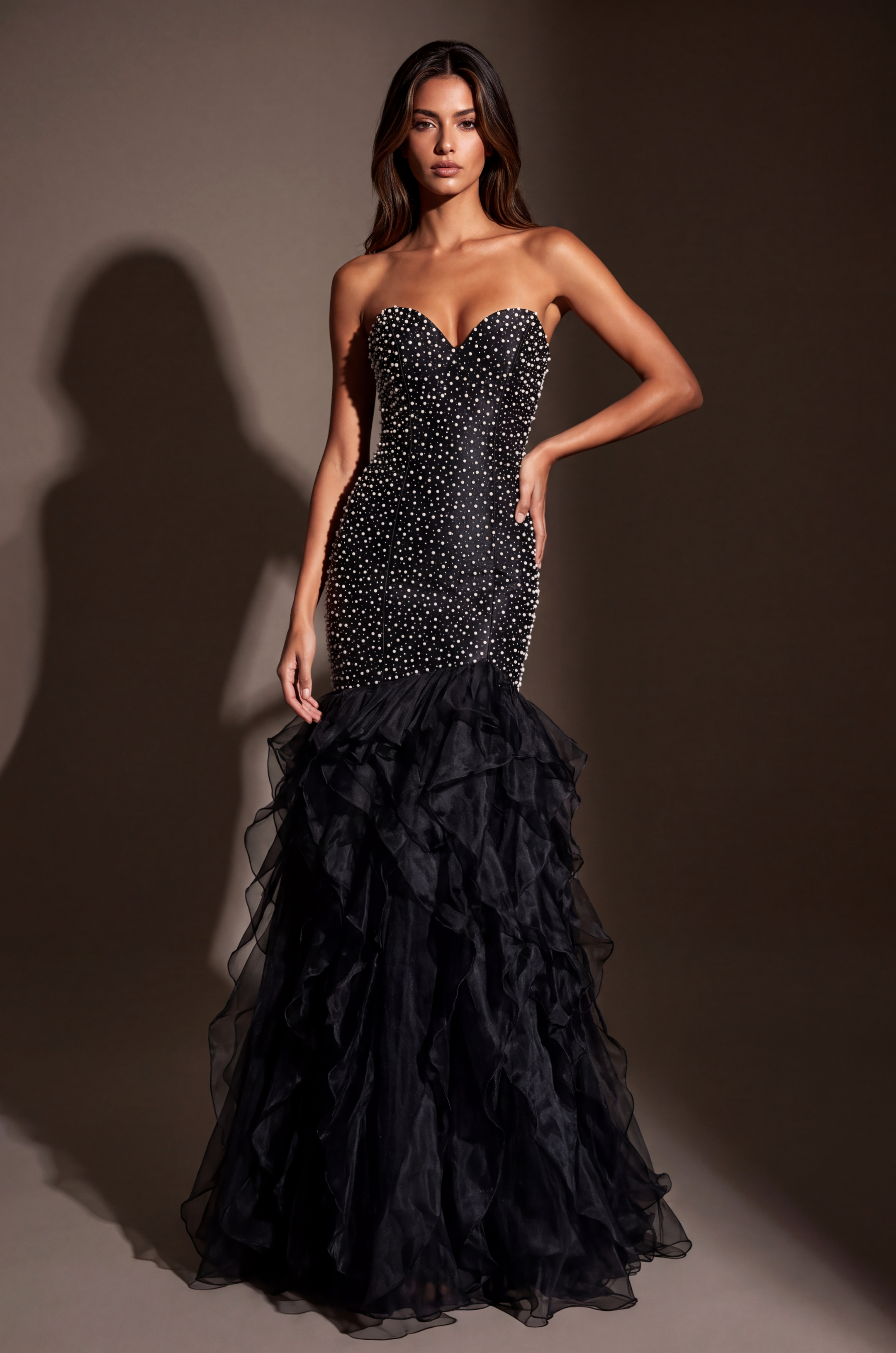 Formal Pearl Beaded Tiered Mermaid Evening Dress