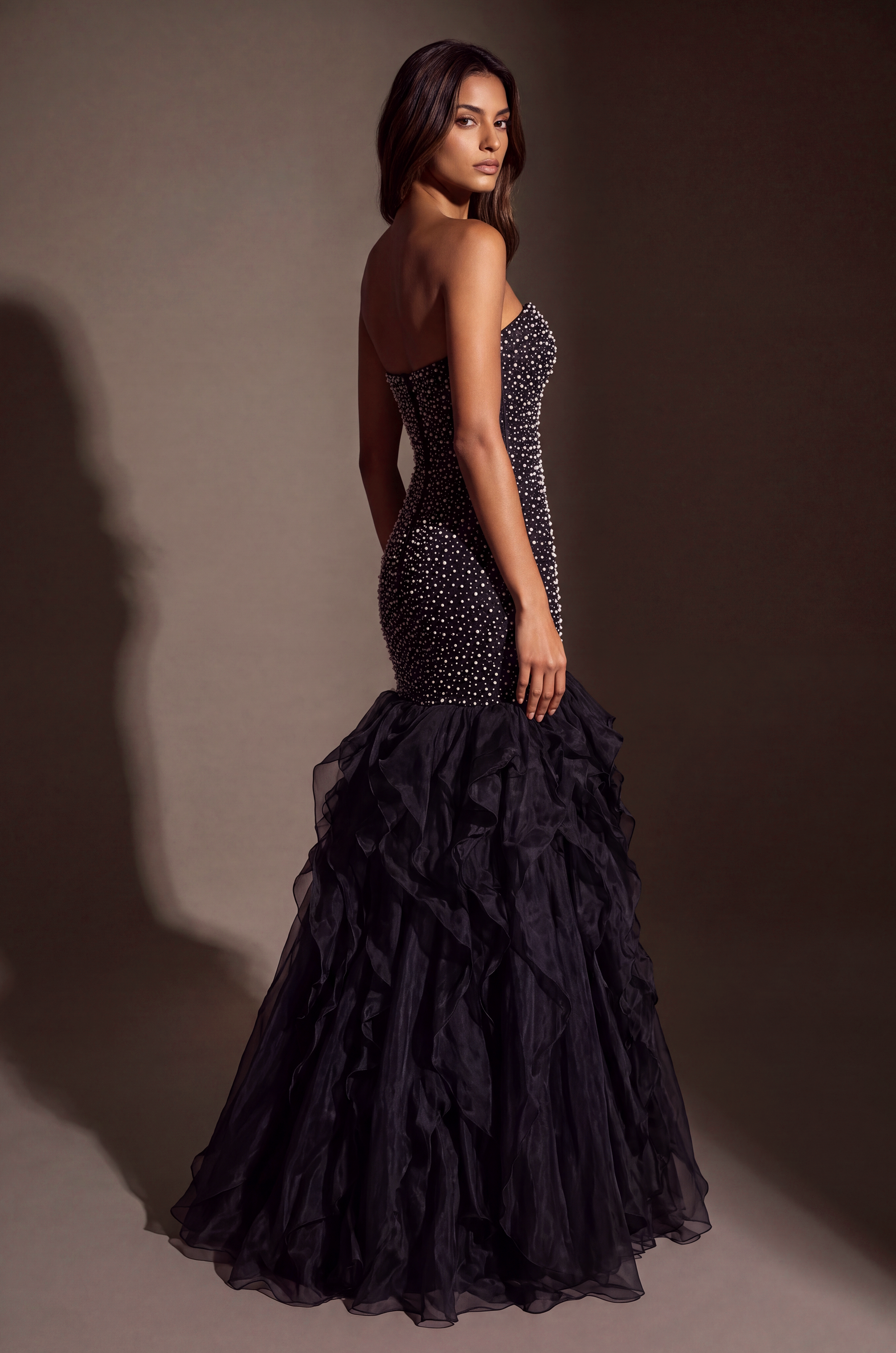 Formal Pearl Beaded Tiered Mermaid Evening Dress