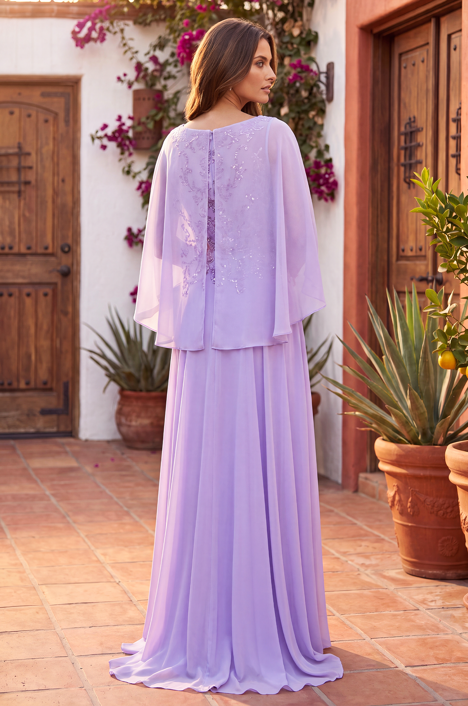 Long Mother of the Bride Cape Sleeve Dress Lilac