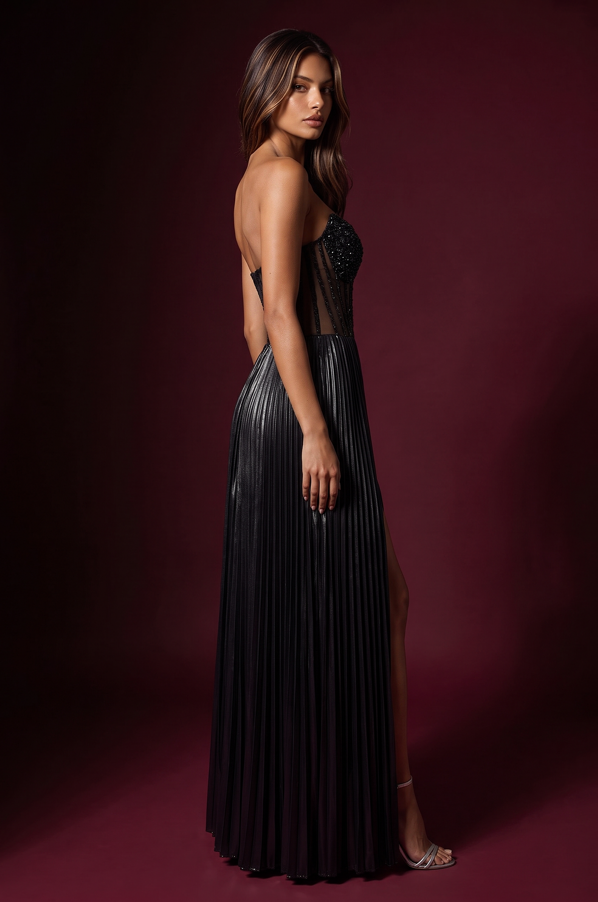 Strapless Beaded Bust Pleated Corset Formal Dress