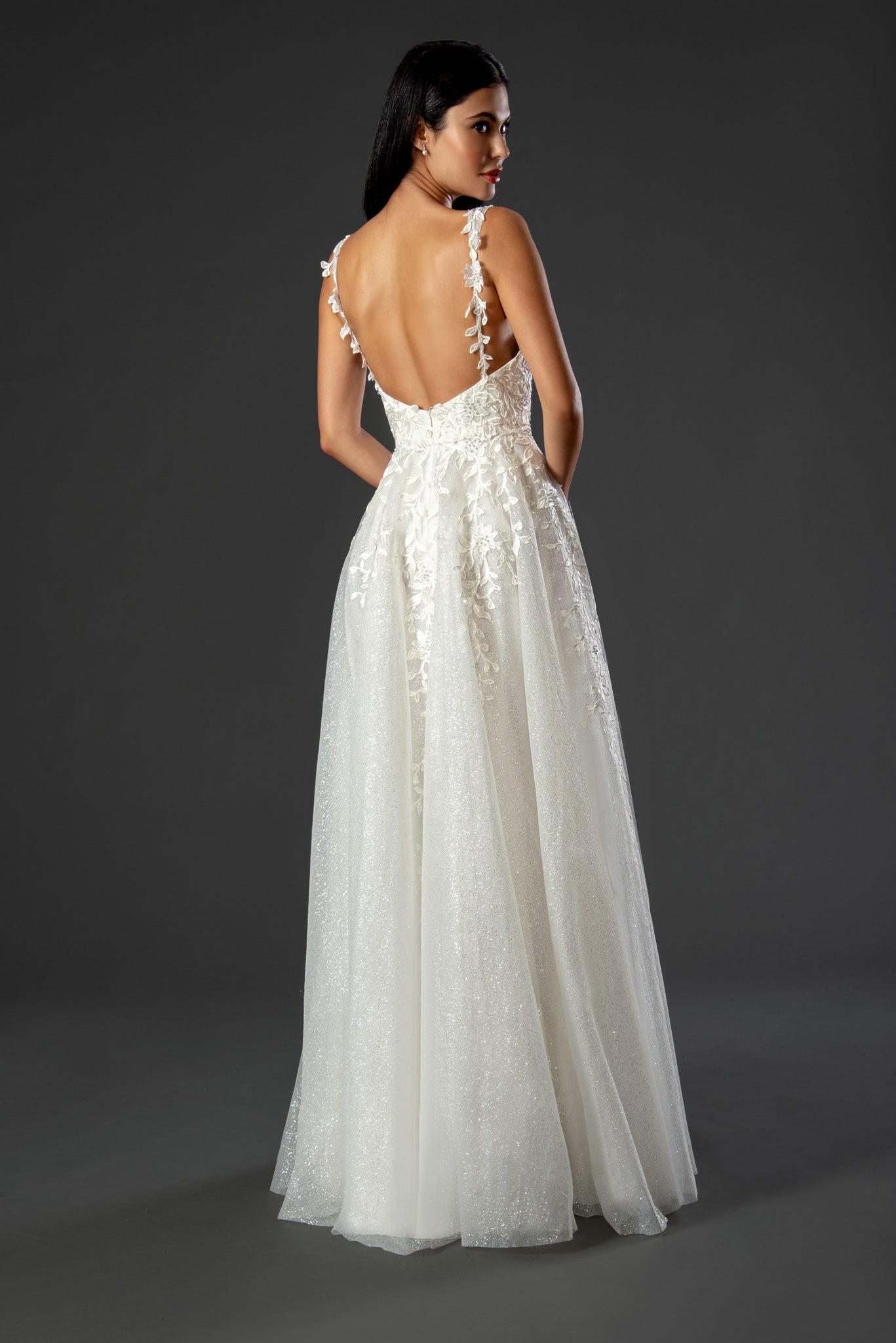 V-Neck Floor-Length Lace Wedding Dress A-Line The Dress Outlet A3WE