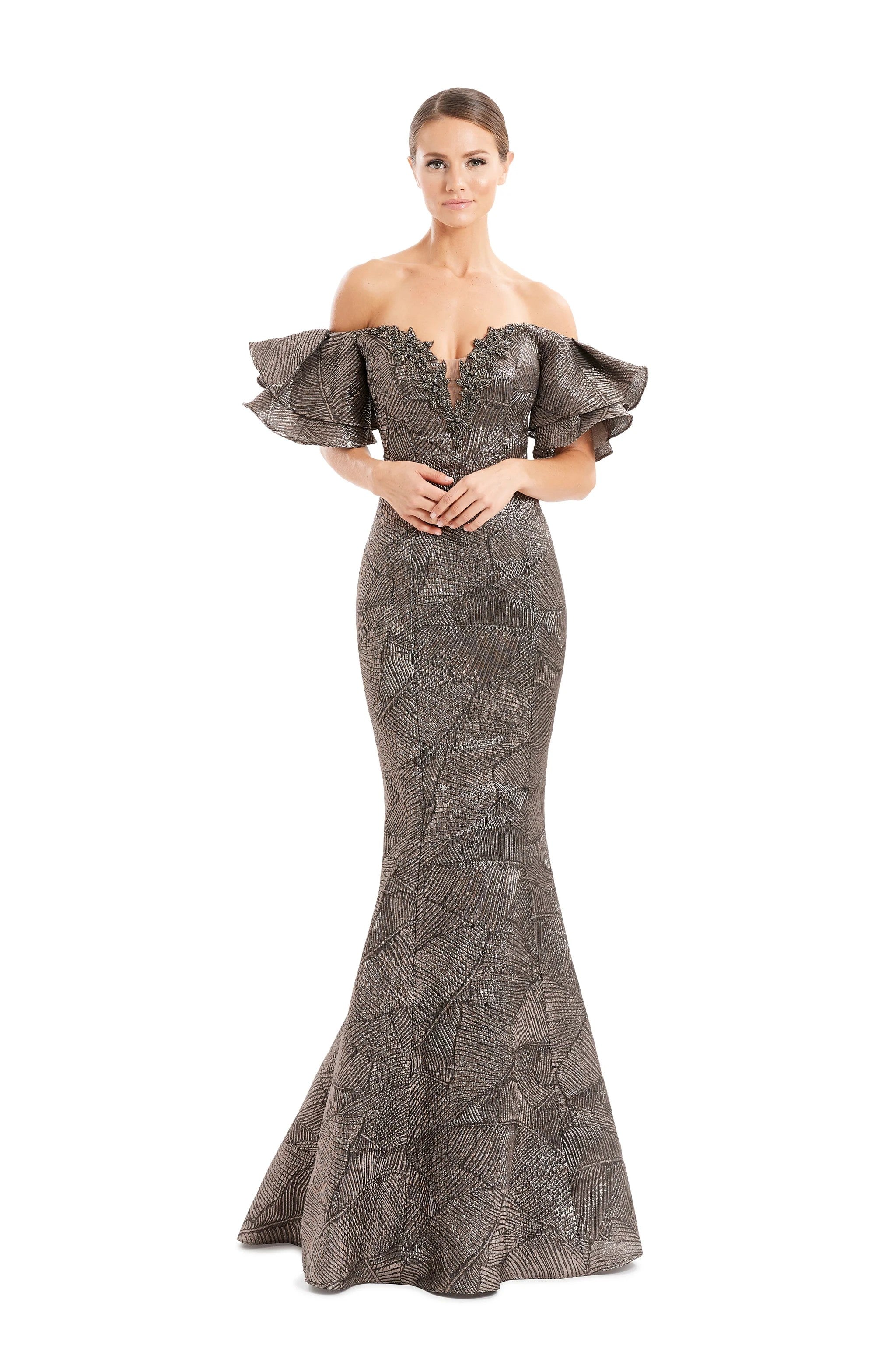 Formal Dresses Floral Beaded Long Formal Evening Dress Mocha