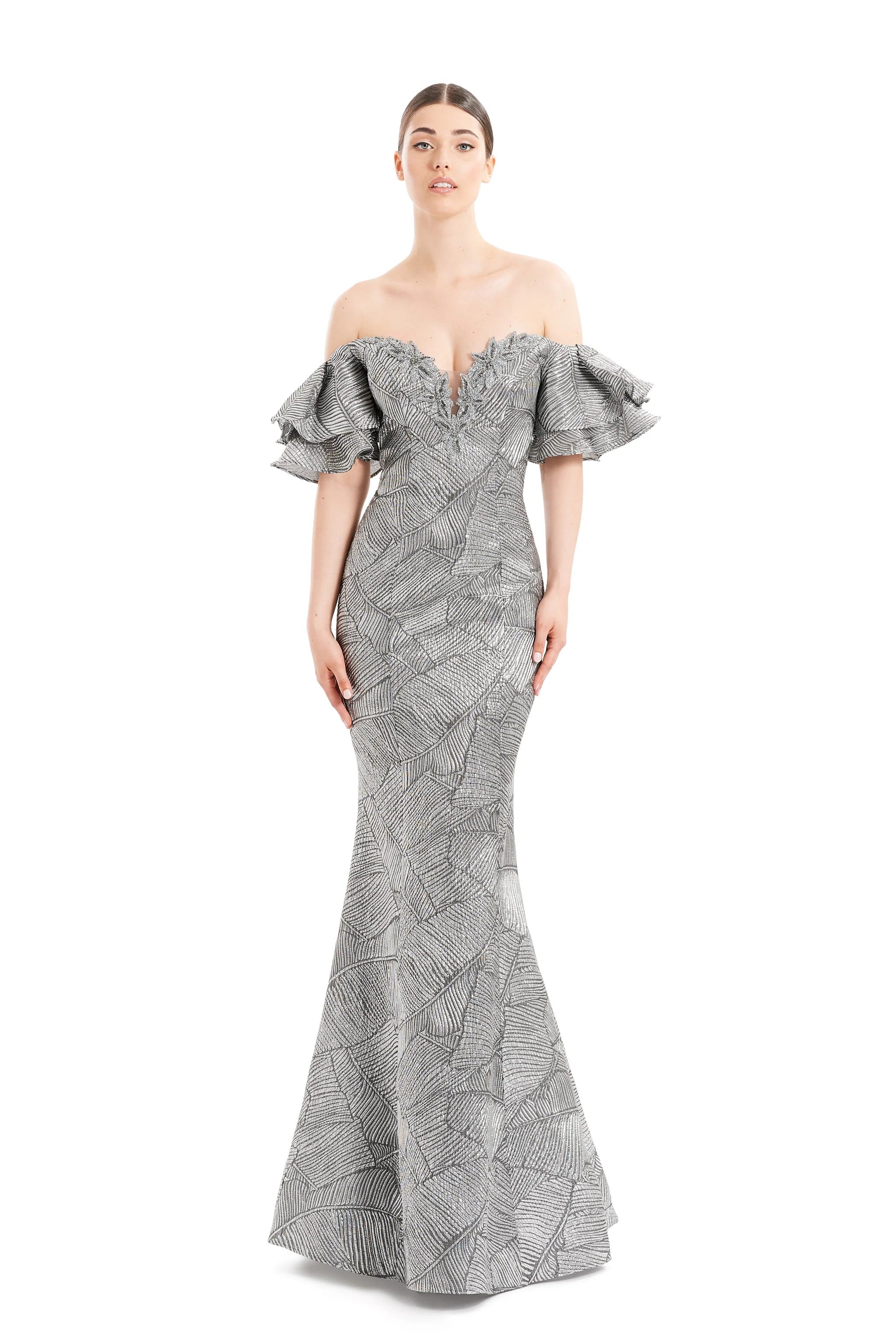Formal Dresses Floral Beaded Long Formal Evening Dress Silver