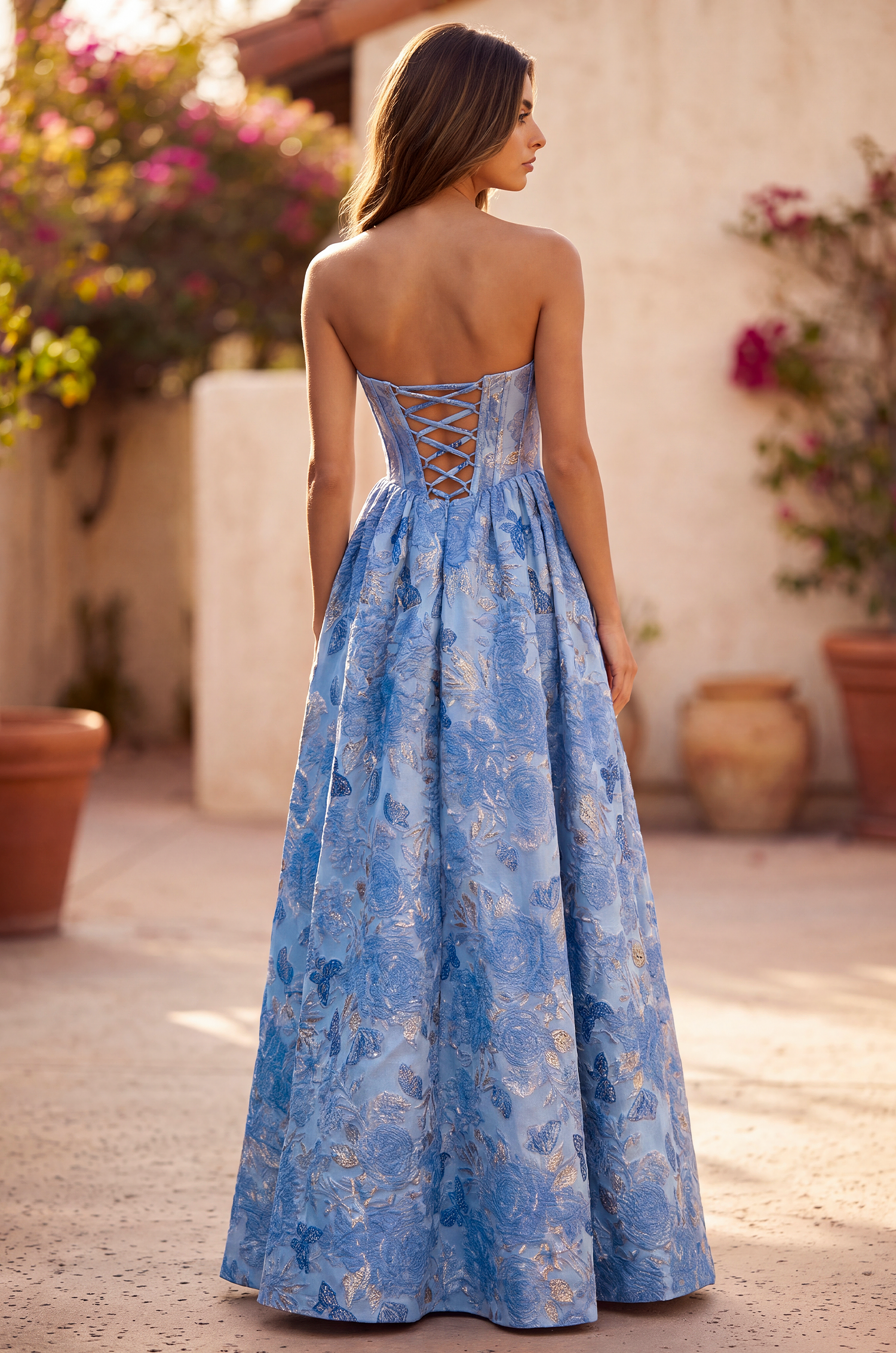 A Line Corset Jacquard Floral Dress with Metallic Accent