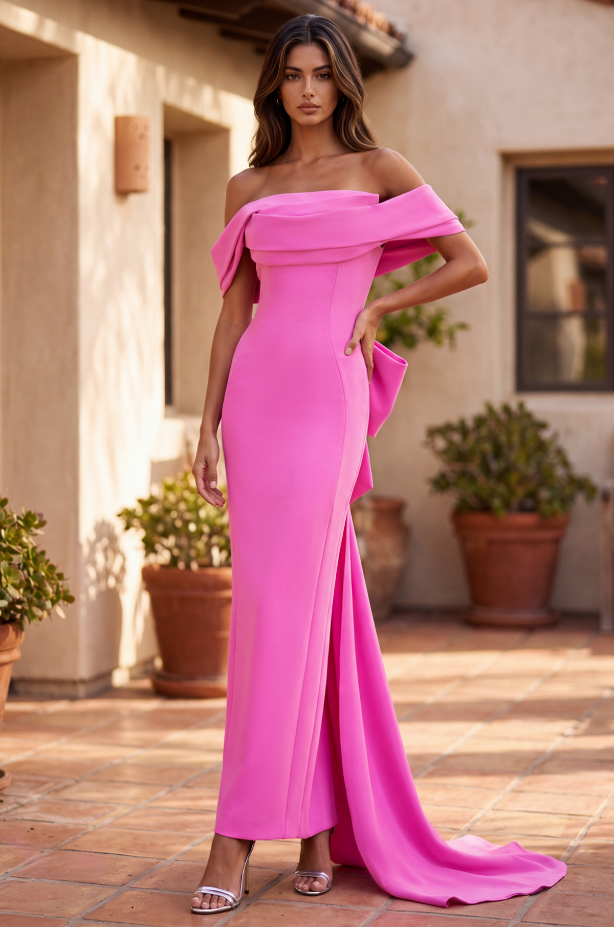 Formal Folded Neckline Bow Back Evening Dress
