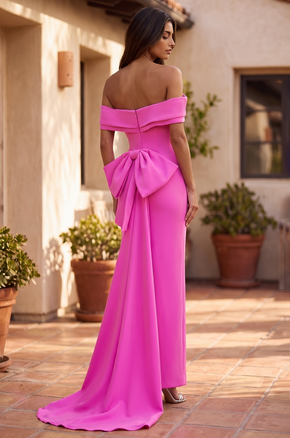 Formal Folded Neckline Bow Back Evening Dress