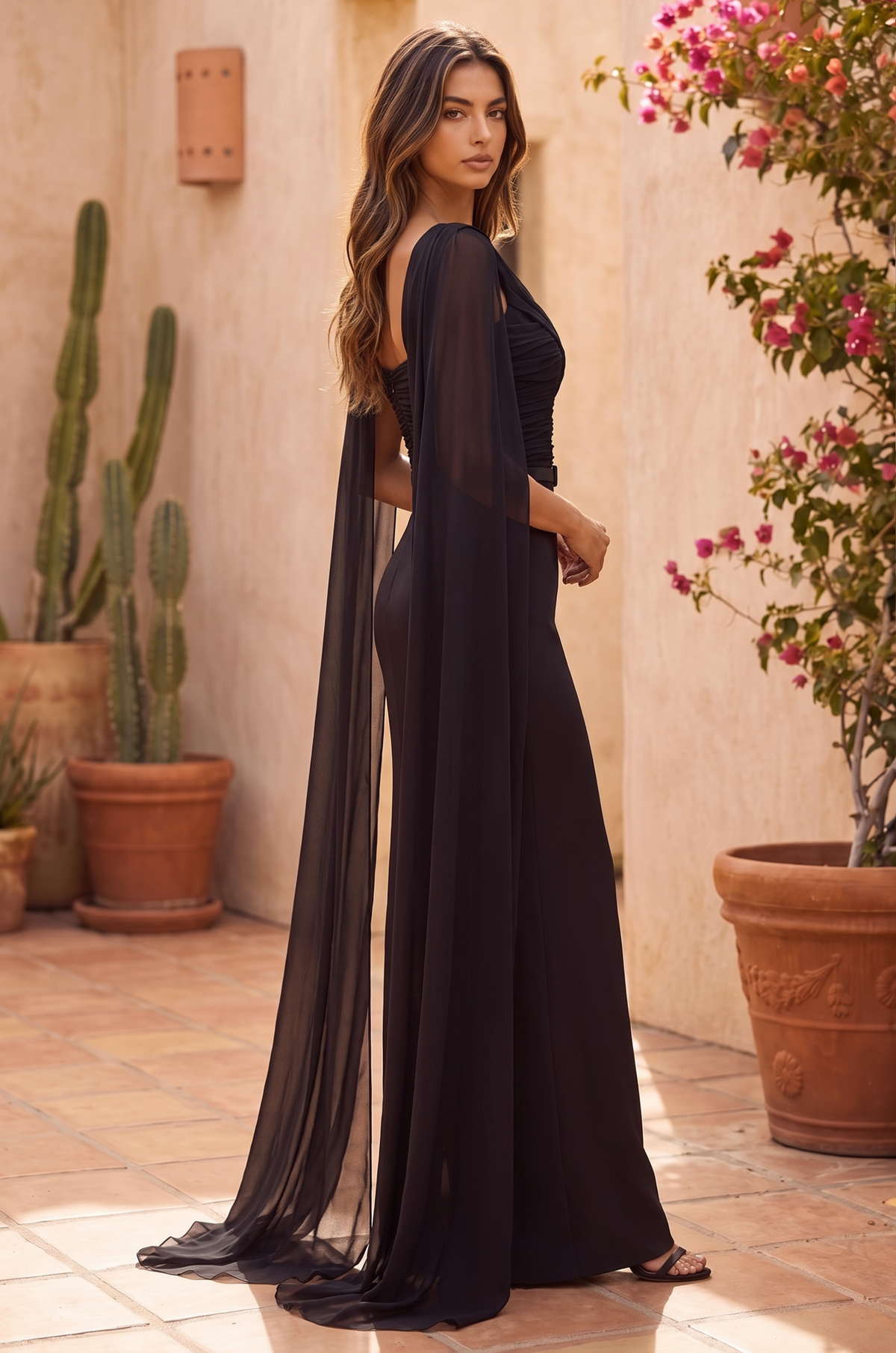 Long Modest Formal Cape Sleeve Evening Dress