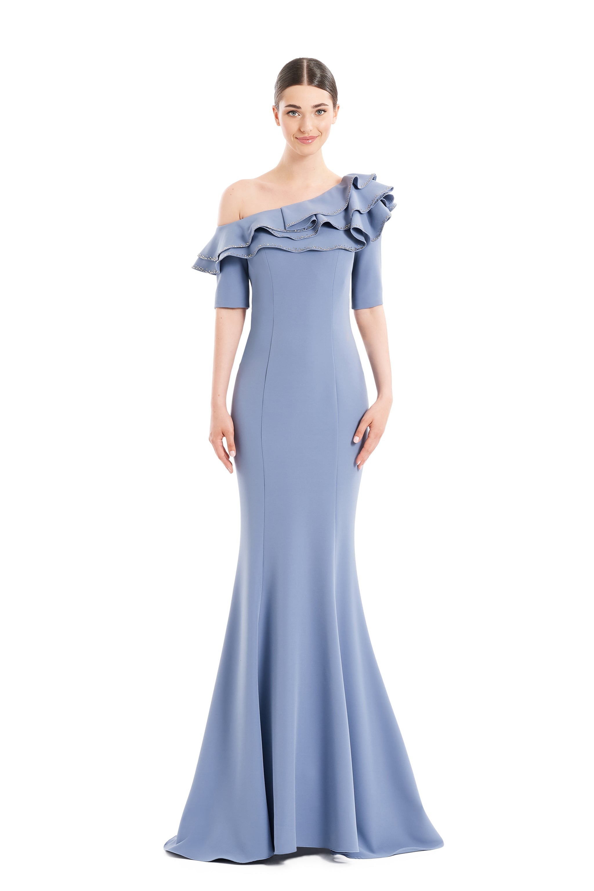 Formal Dresses Fitted Long Formal Pleated Ruffle Dress Delphi Blue