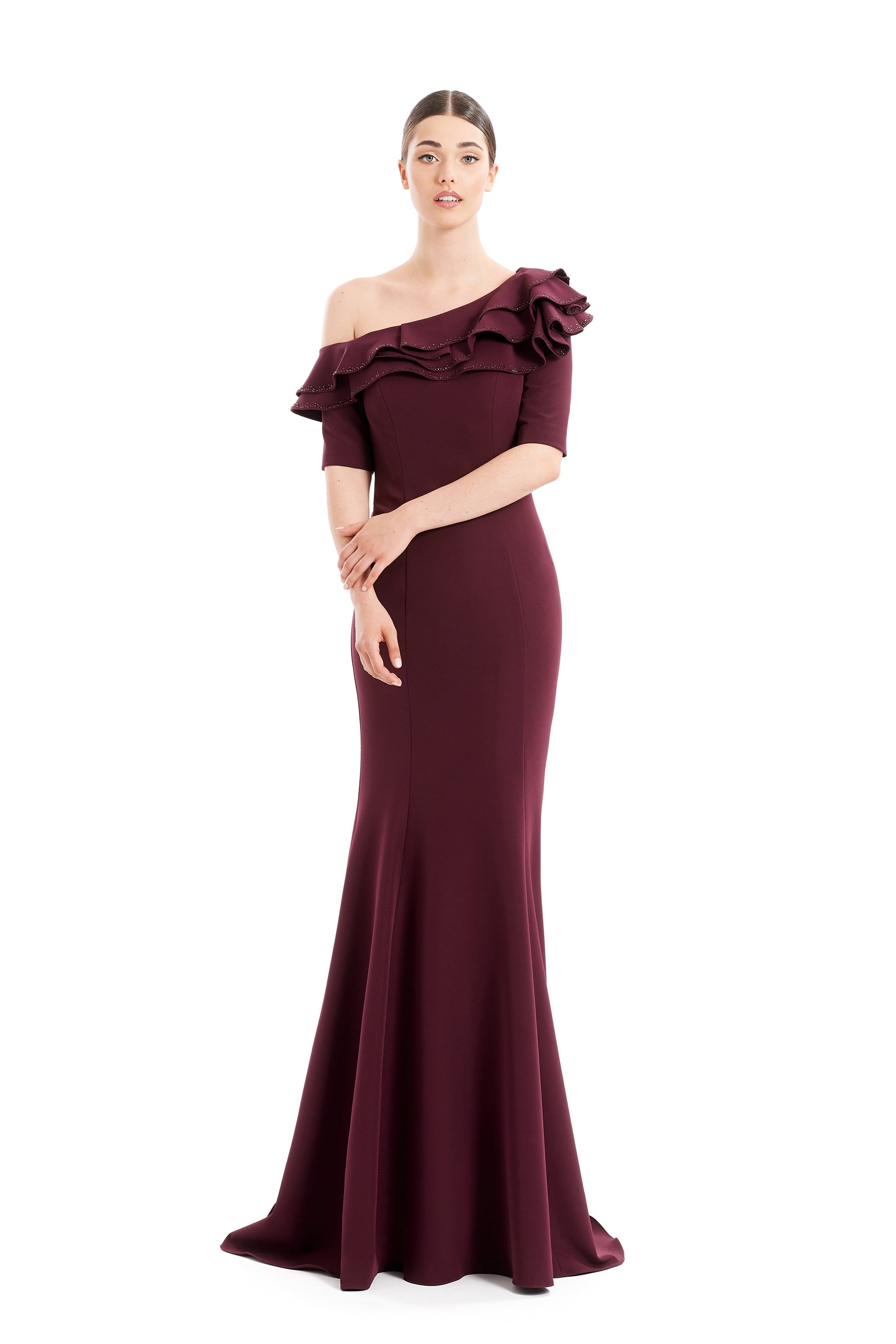 Formal Dresses Fitted Long Formal Pleated Ruffle Dress Wine