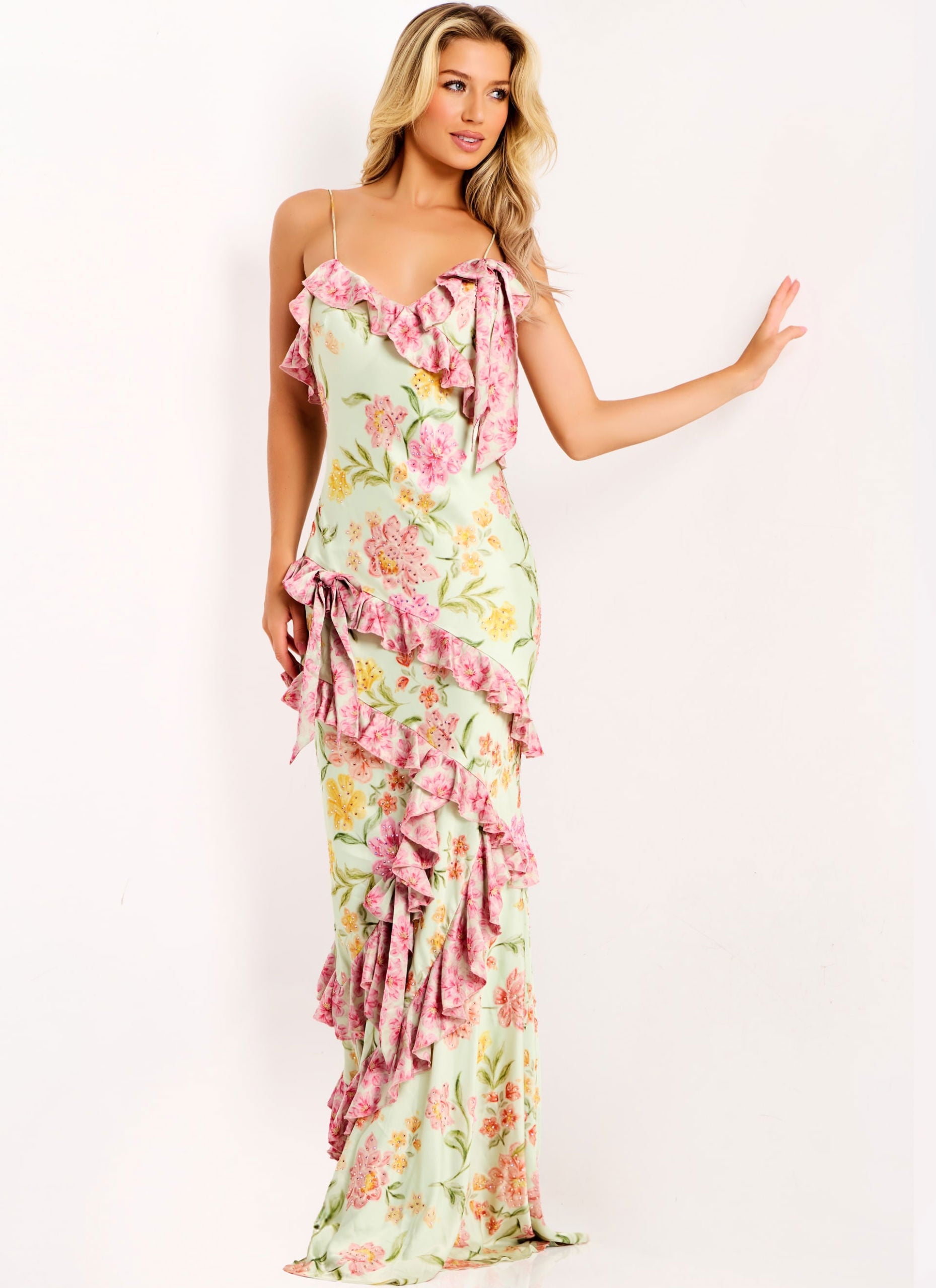 Prom Dresses Floral Ruffle Print Long Formal Prom Dress Multi