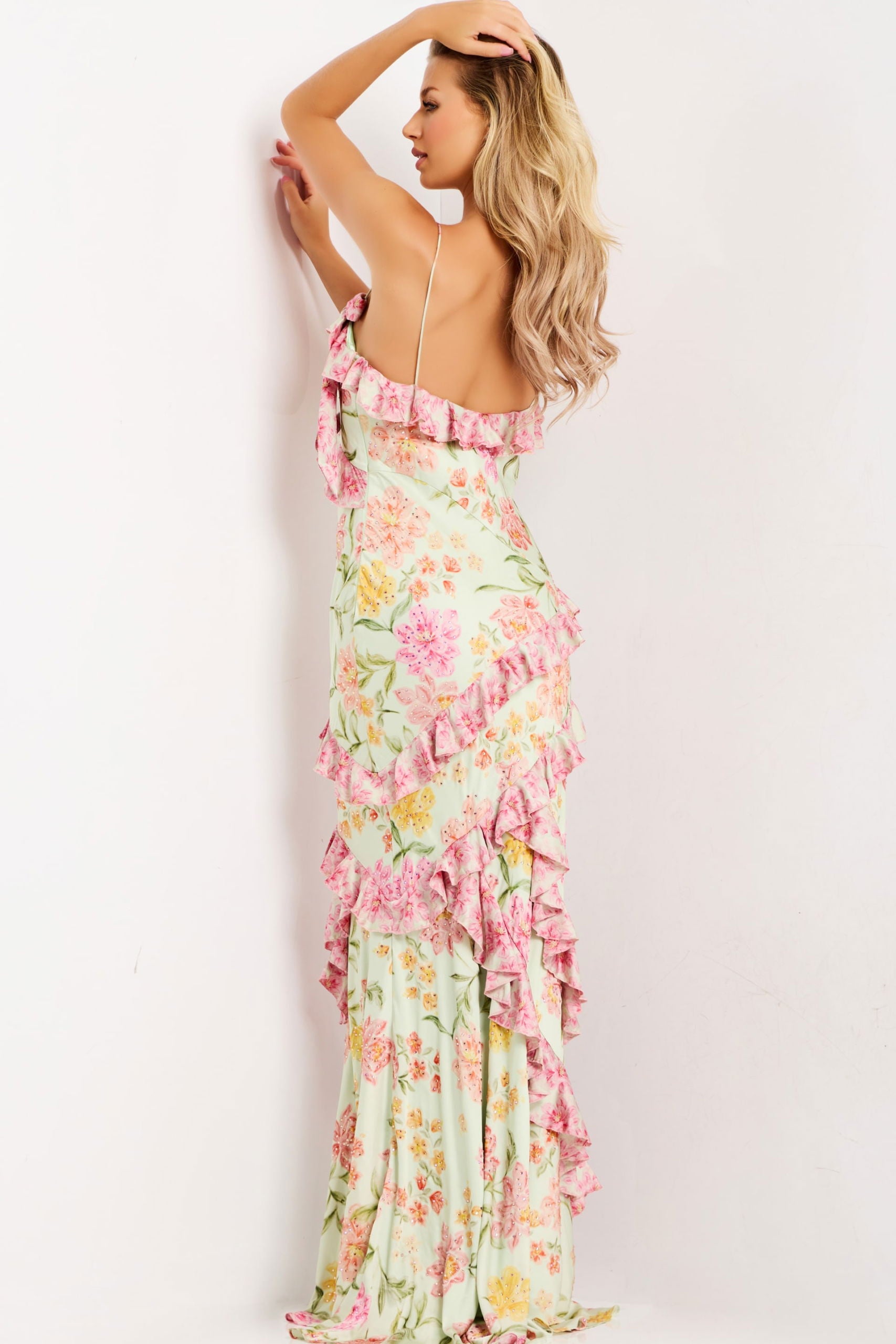 Prom Dresses Floral Ruffle Print Long Formal Prom Dress Multi
