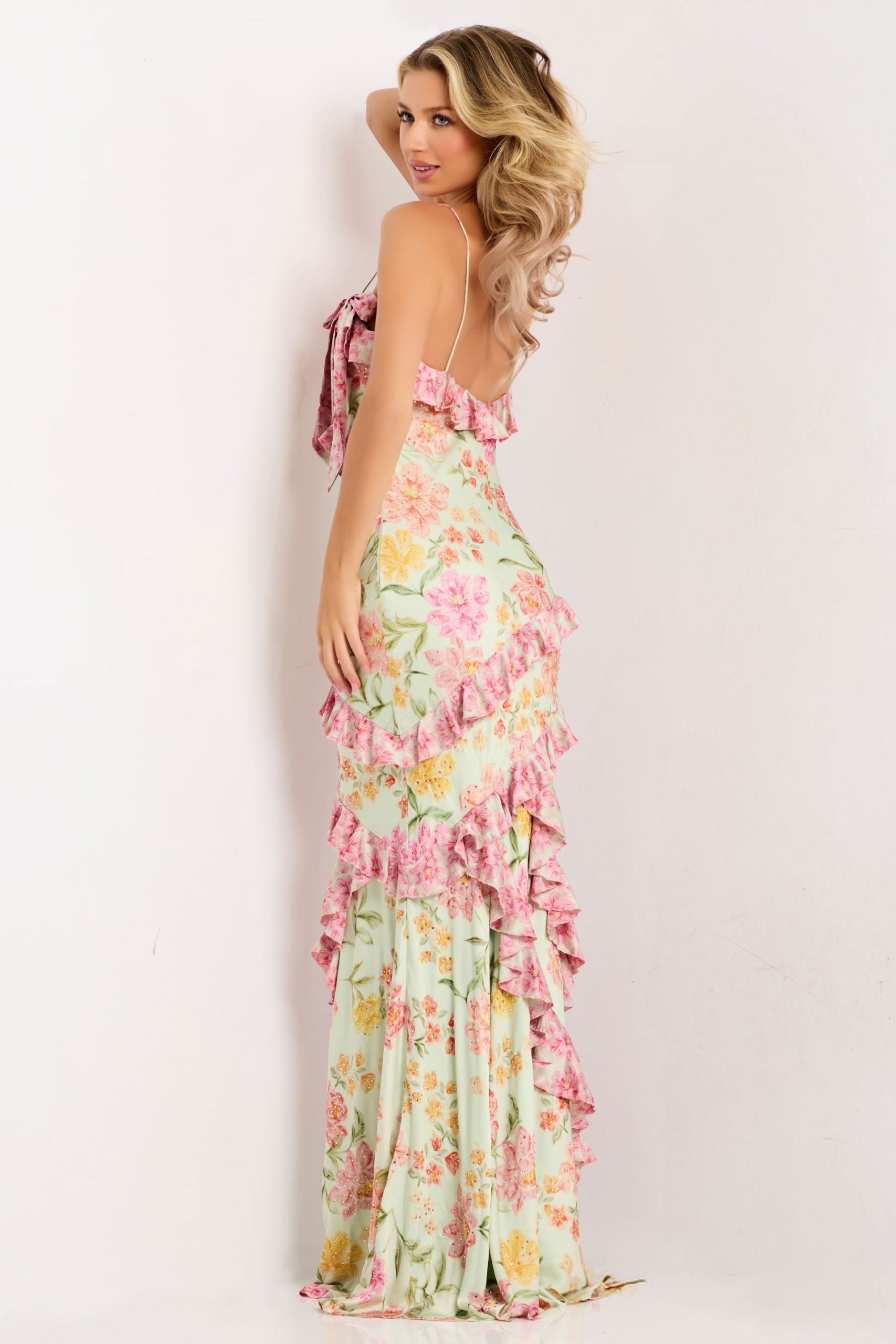 Prom Dresses Floral Ruffle Print Long Formal Prom Dress Multi