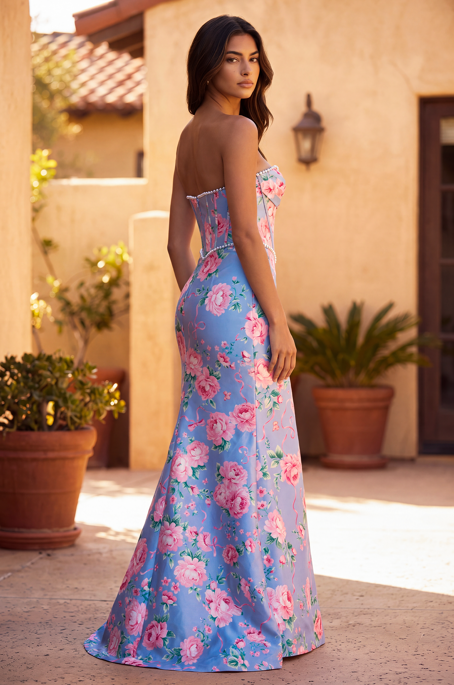 Formal Floral Satin Corset Prom Dress