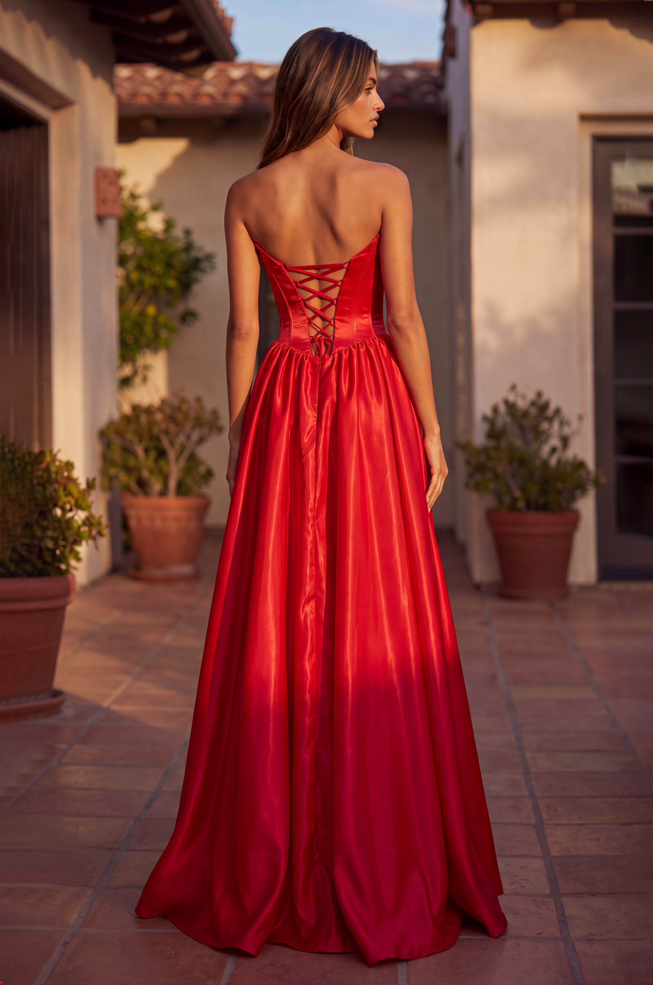 Full Skirt Satin Formal Gown with Drop Waist Corset Top and Pockets