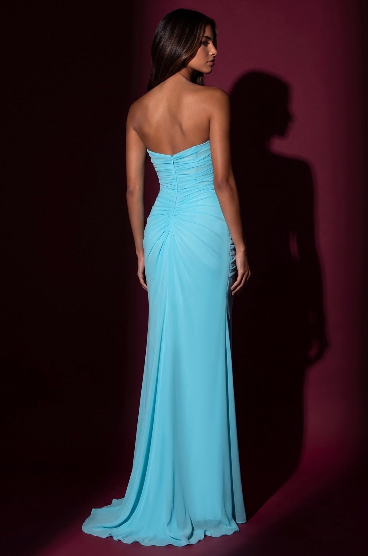 1695 Periwinkle strapless beaded ruched slit gown