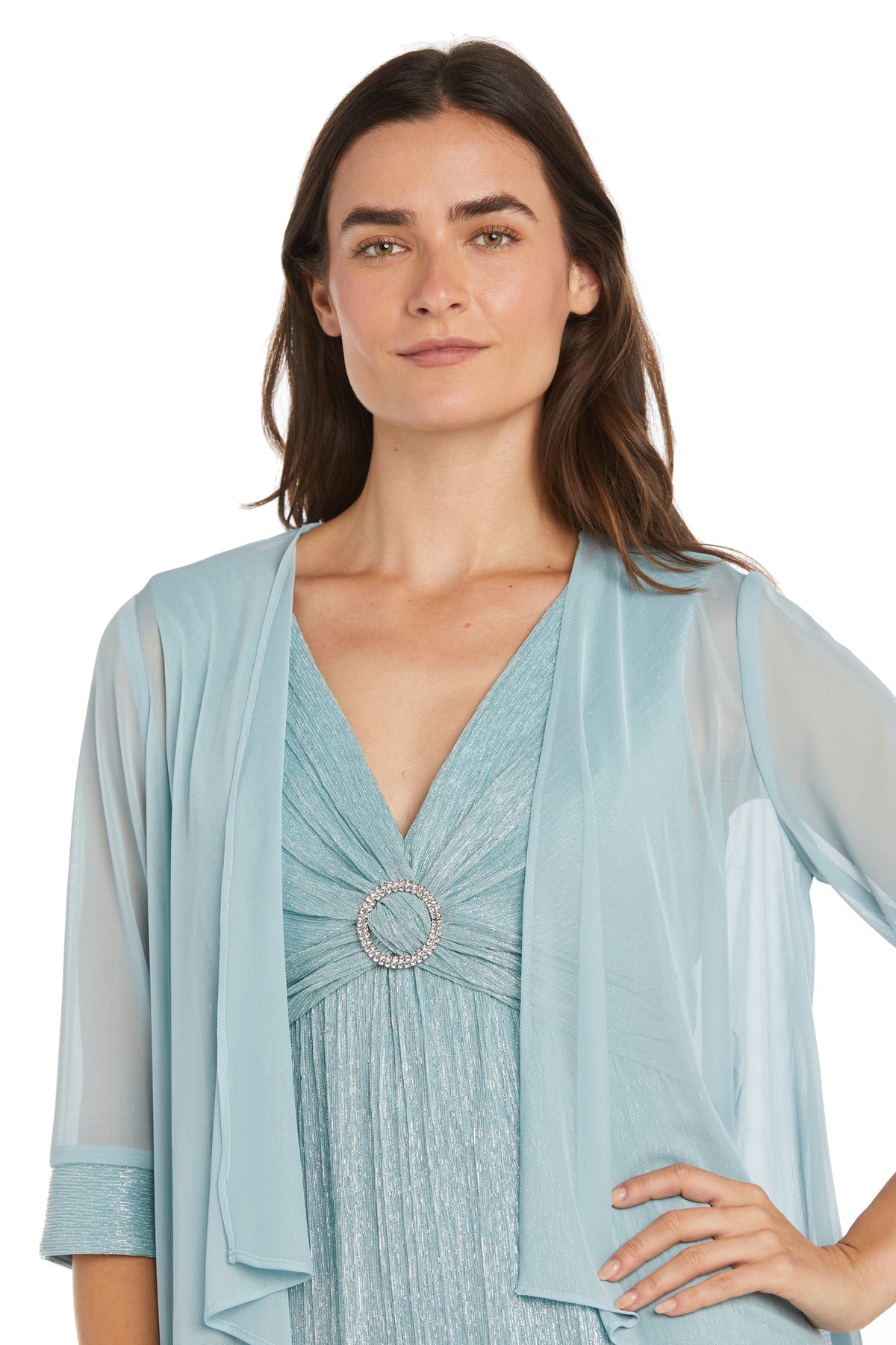 Formal Dresses Long Formal Metallic Cape Evening Dress Seafoam