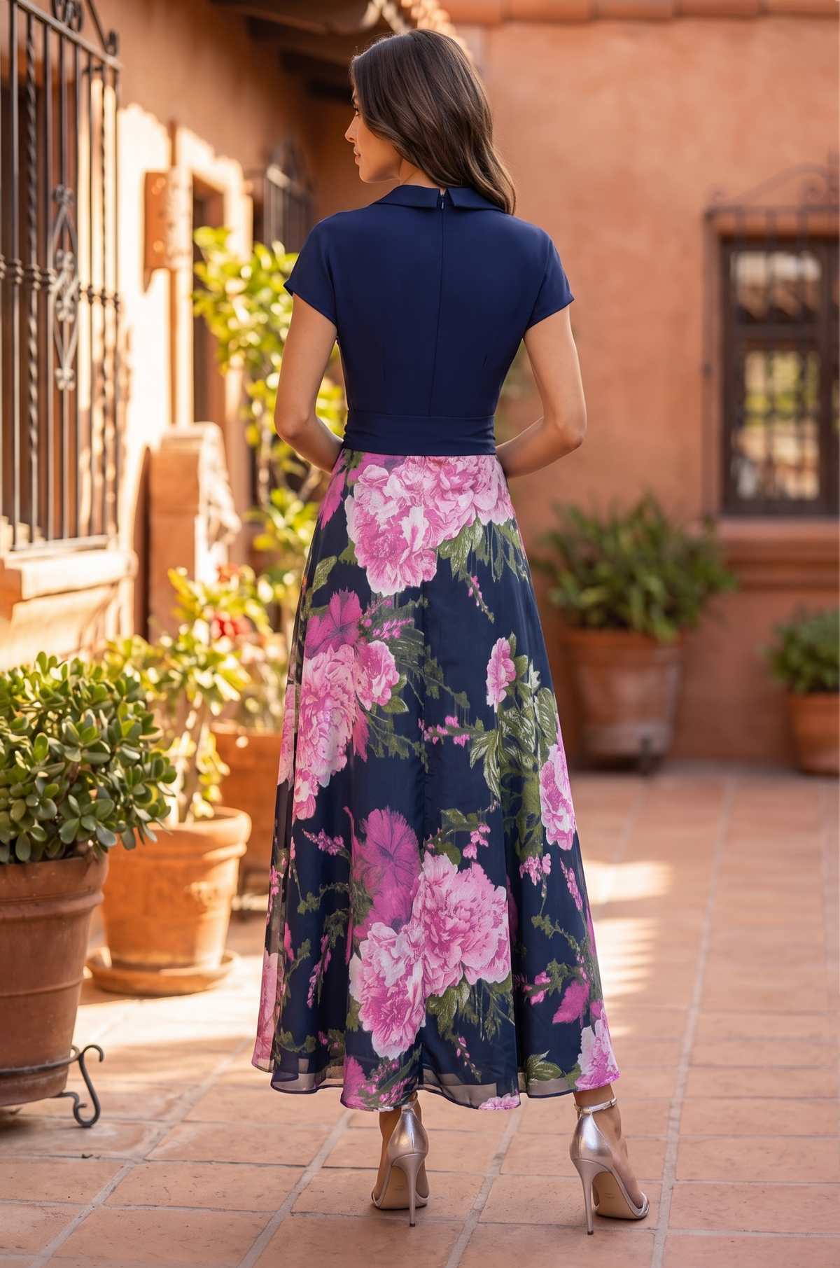 Formal Collar Floral Print A Line Cocktail Midi Dress