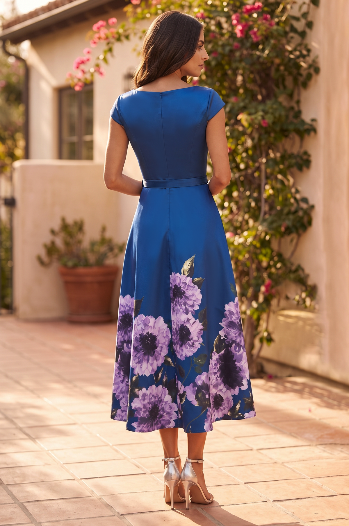 Cap Sleeve Belted Floral Print A-Line Cocktail Midi Dress