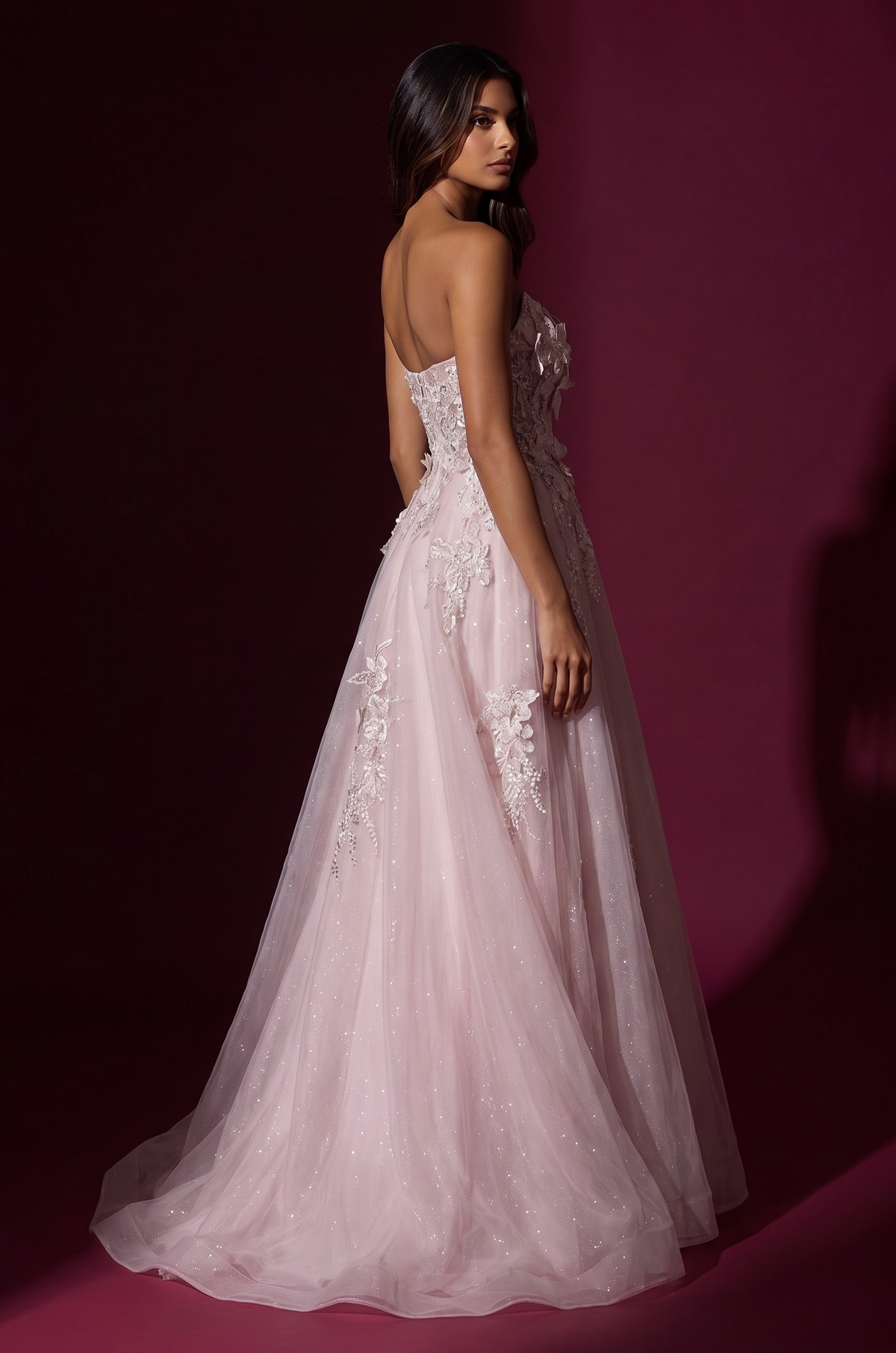 Prom Strapless 3D Floral Long Formal Dress