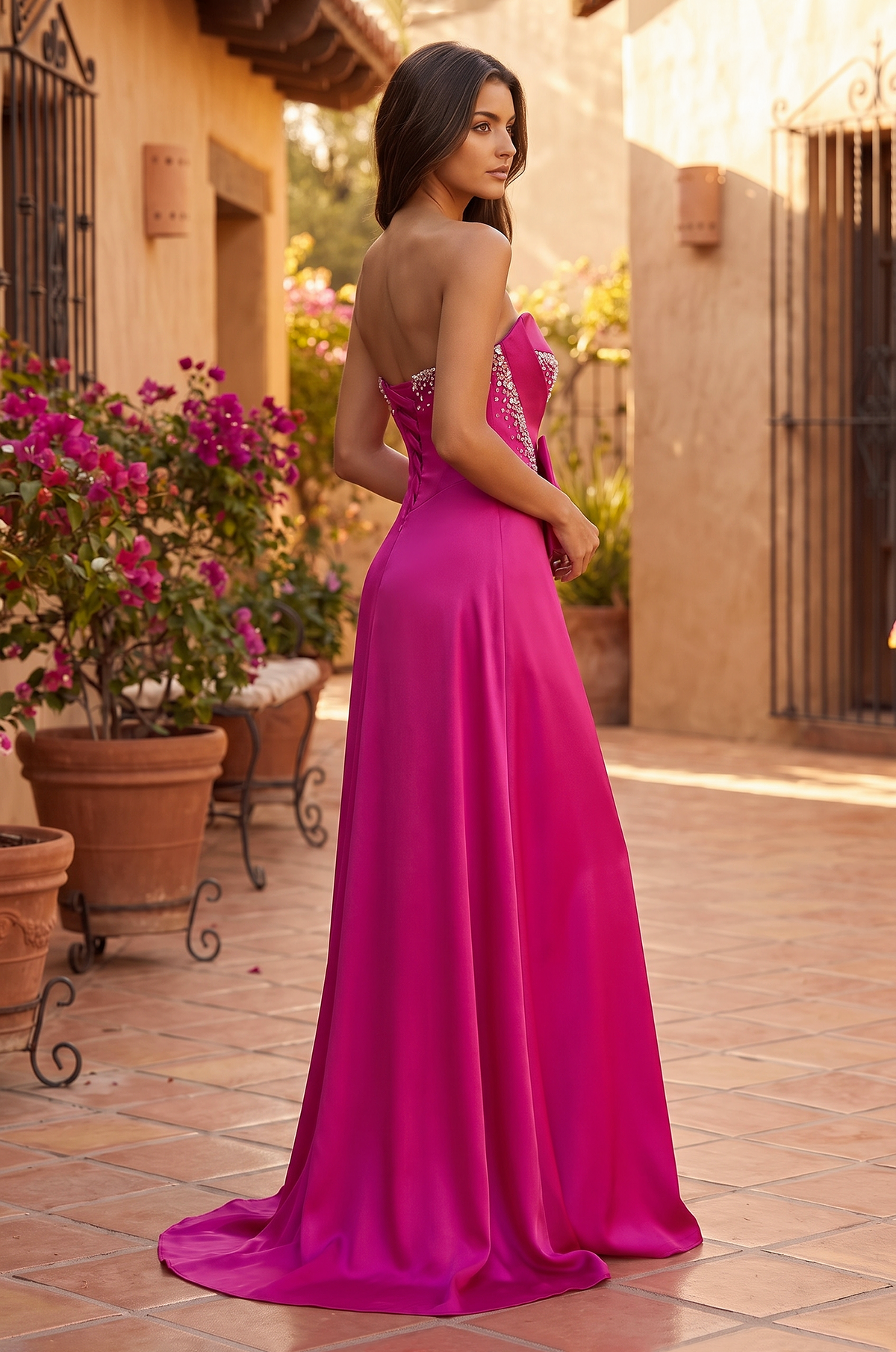 Side view of Strapless Sweetheart Bow Gown in Fuchsia