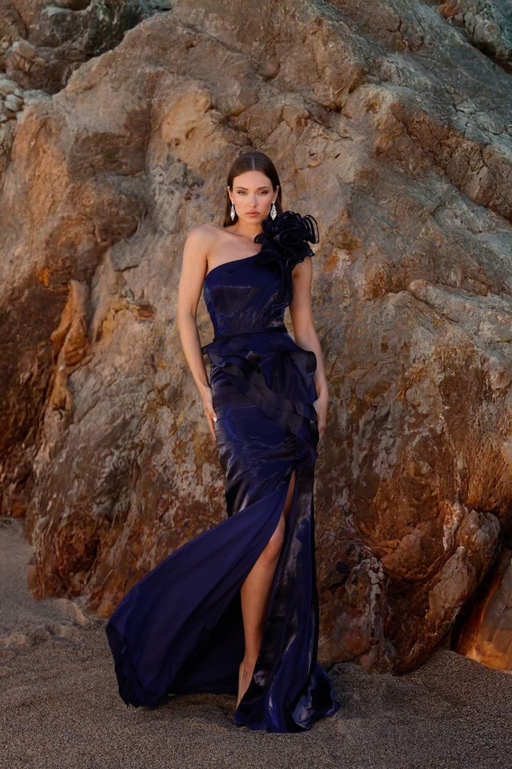 Prom Dresses Long Ruffle Formal Fitted Slit Prom Dress Navy
