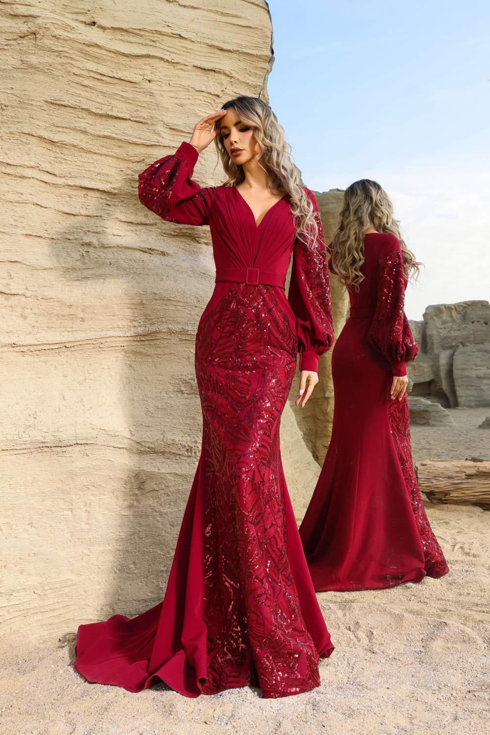 Wine Terani Couture 252E5129 Long Sleeve Mermaid Formal Evening