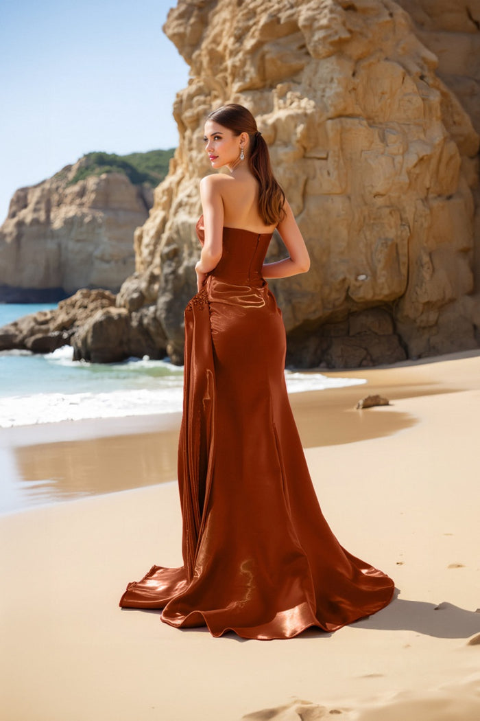 Formal Dresses Fitted Formal Slit Long Evening Dress Cognac