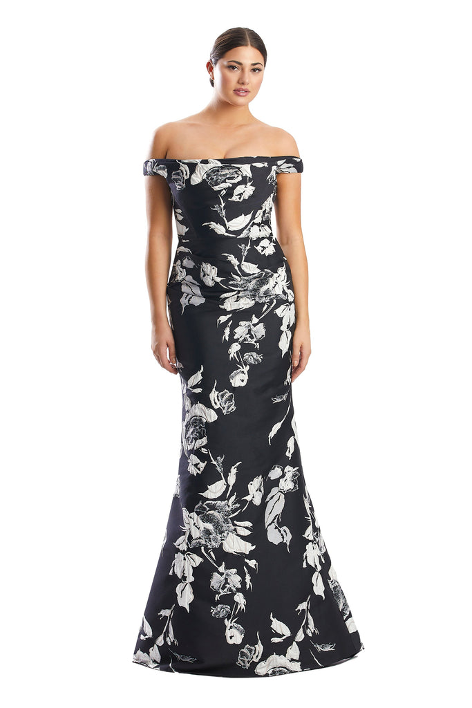 Formal Dresses Long Fitted Formal Floral Print Evening Dress Black/White
