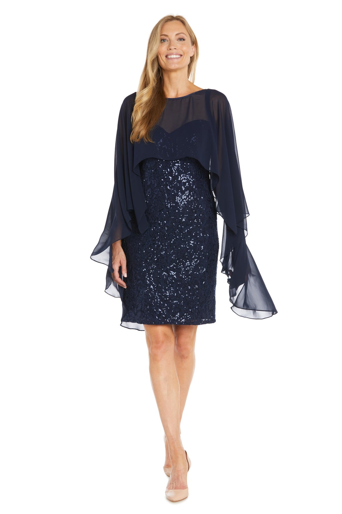 Navy R&M Richards 1829 Short Sequin Cape Cocktail Dress for $139.0