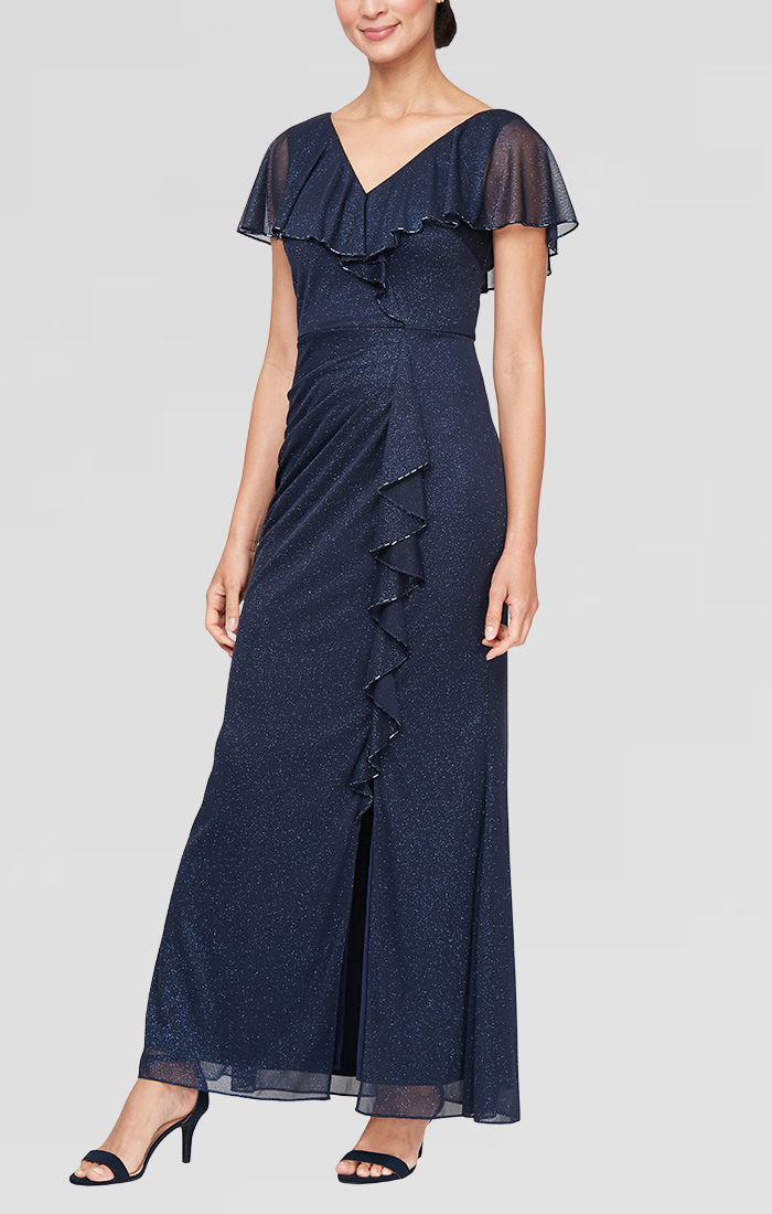 Navy V-Neck Floor-Length Glitter Mesh Gown with Ruffle Capelet SL Fashions 9233254