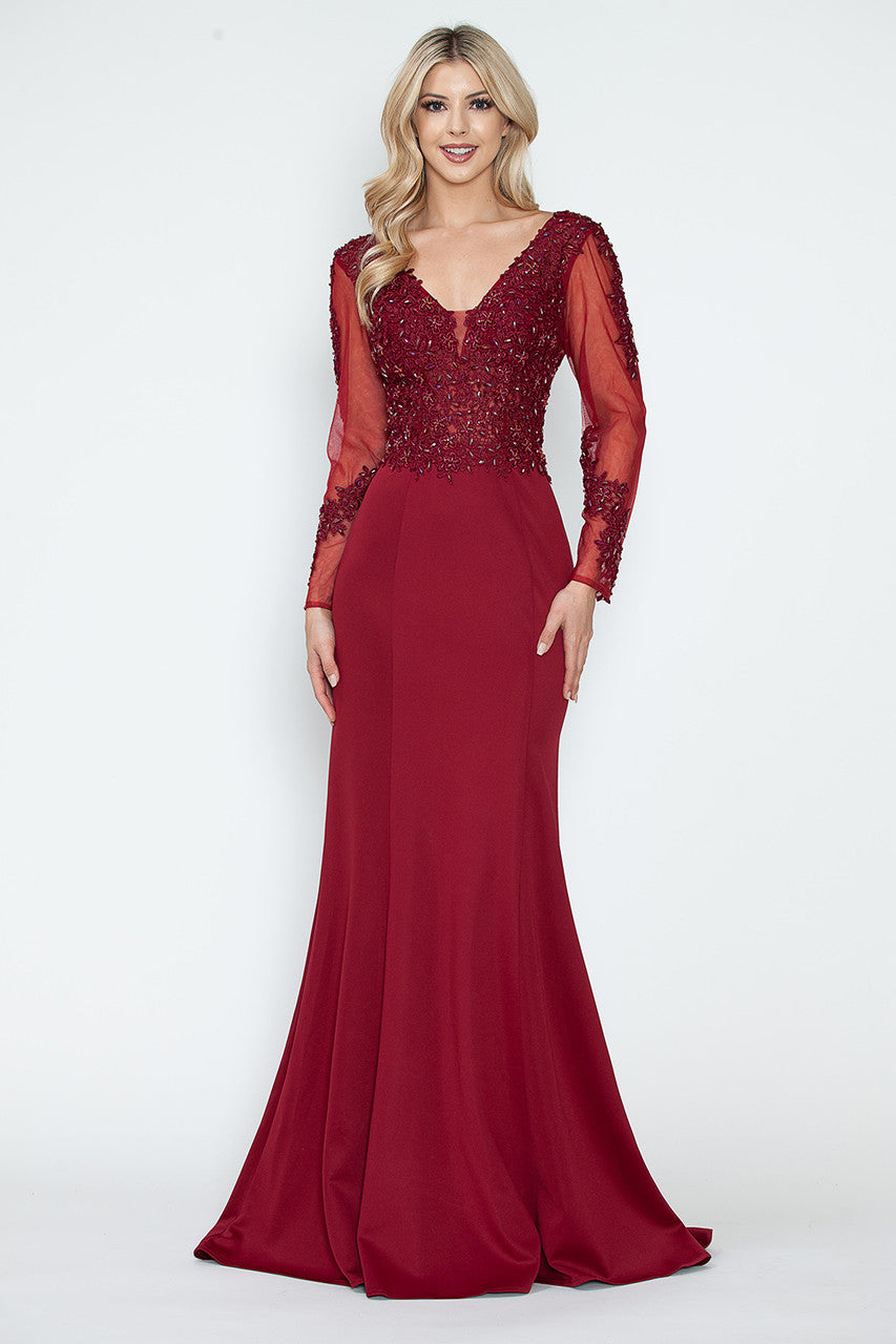 Mother of the Bride Dresses Long Sleeve Formal Beaded Mother of the Bride Dress Lenovia 8323 Burgundy