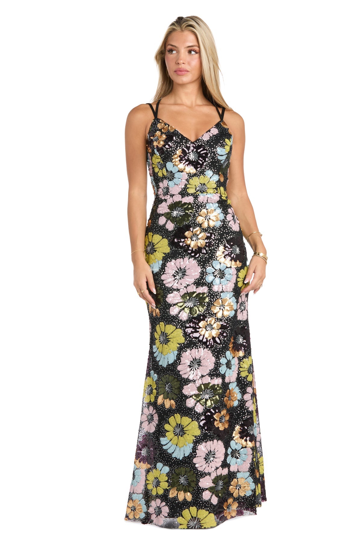 Prom Dresses Fitted Long Formal Floral Sequin Prom Dress Black/Multi