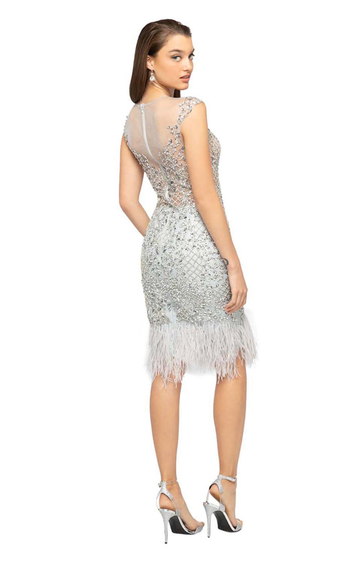 Cocktail Dresses Short Fitted Feather Cocktail Dress Silver