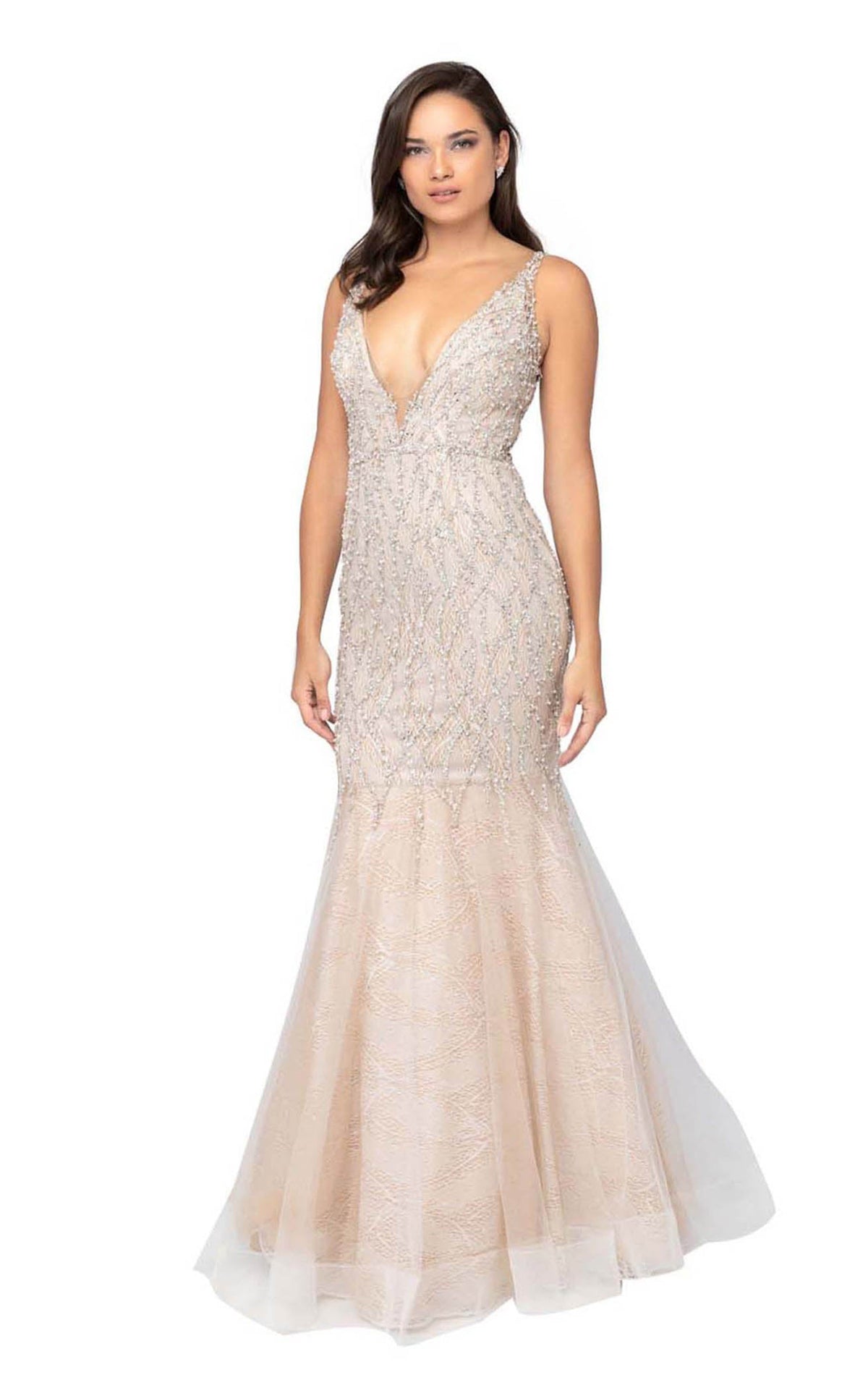 Prom Dresses Beaded Long Mermaid Formal Prom Dress Ivory Nude
